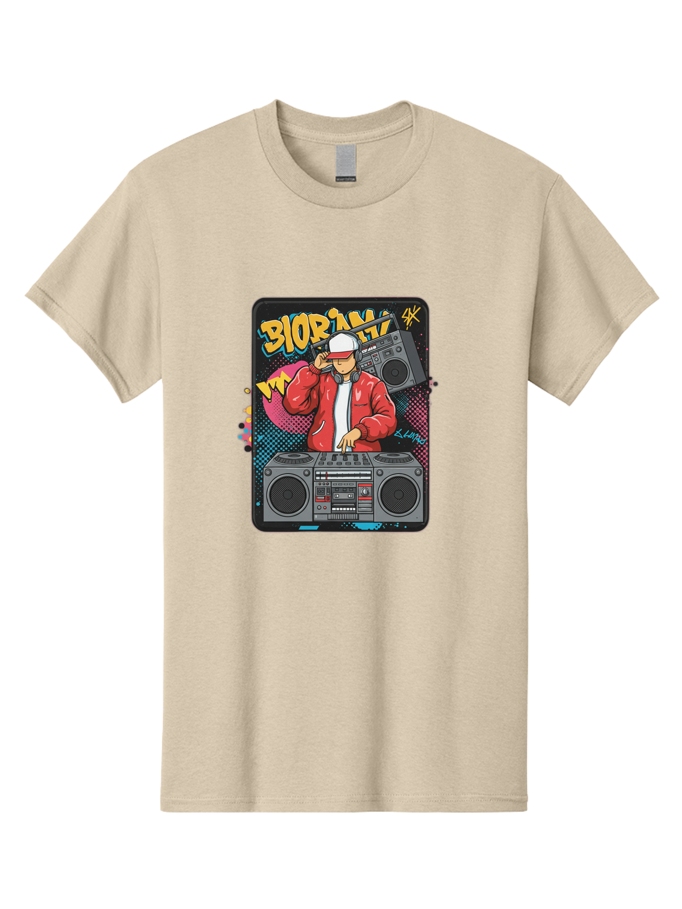 Biorpm Men'S Graphic Tee, 100% Cotton, Comfortable Casual Summer Wear, Machine Washable, Dj Mixing Music, Boombox, Red Jacket, White Hat, Hip Hop Style, Graffiti Art, Urban Culture, Streetwear Fashion, Music Producer, Electronic Dance Music Bac621