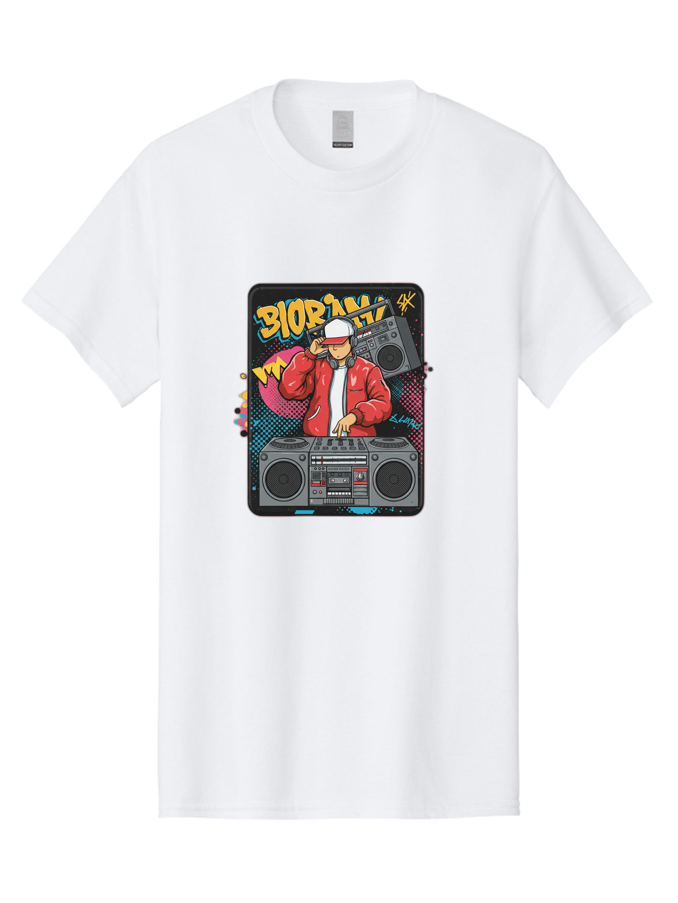 Biorpm Men'S Graphic Tee, 100% Cotton, Comfortable Casual Summer Wear, Machine Washable, Dj Mixing Music, Boombox, Red Jacket, White Hat, Hip Hop Style, Graffiti Art, Urban Culture, Streetwear Fashion, Music Producer, Electronic Dance Music Bac621