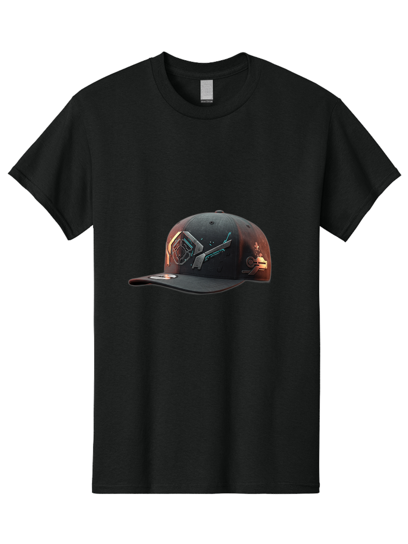Black-Baseball-Cap Men'S Graphic Tee, 100% Cotton, Comfortable Casual Summer Wear, Machine Washable, Futuristic Baseball Cap, Cyberpunk Design, Neon Lights, High-Tech, Avant-Garde Fashion, Streetwear, Modern Accessories, Bold Graphics, Bac623