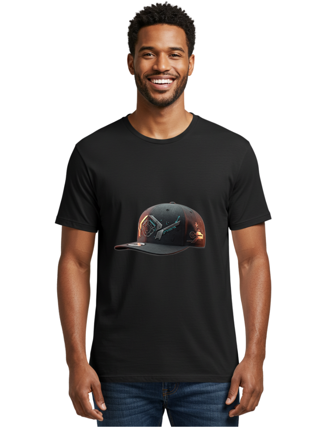 Black-Baseball-Cap Men'S Graphic Tee, 100% Cotton, Comfortable Casual Summer Wear, Machine Washable, Futuristic Baseball Cap, Cyberpunk Design, Neon Lights, High-Tech, Avant-Garde Fashion, Streetwear, Modern Accessories, Bold Graphics, Bac623