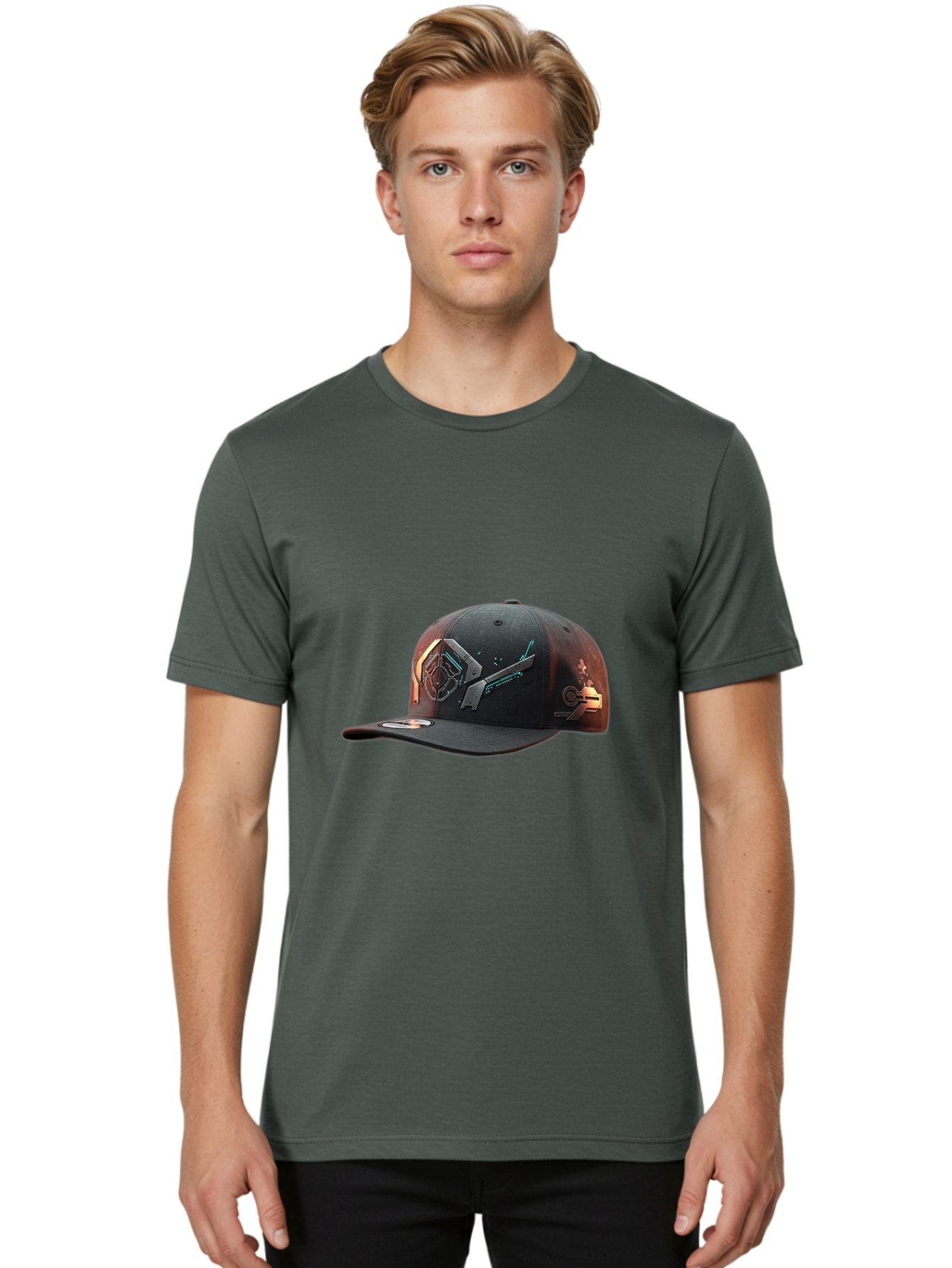 Black-Baseball-Cap Men'S Graphic Tee, 100% Cotton, Comfortable Casual Summer Wear, Machine Washable, Futuristic Baseball Cap, Cyberpunk Design, Neon Lights, High-Tech, Avant-Garde Fashion, Streetwear, Modern Accessories, Bold Graphics, Bac623
