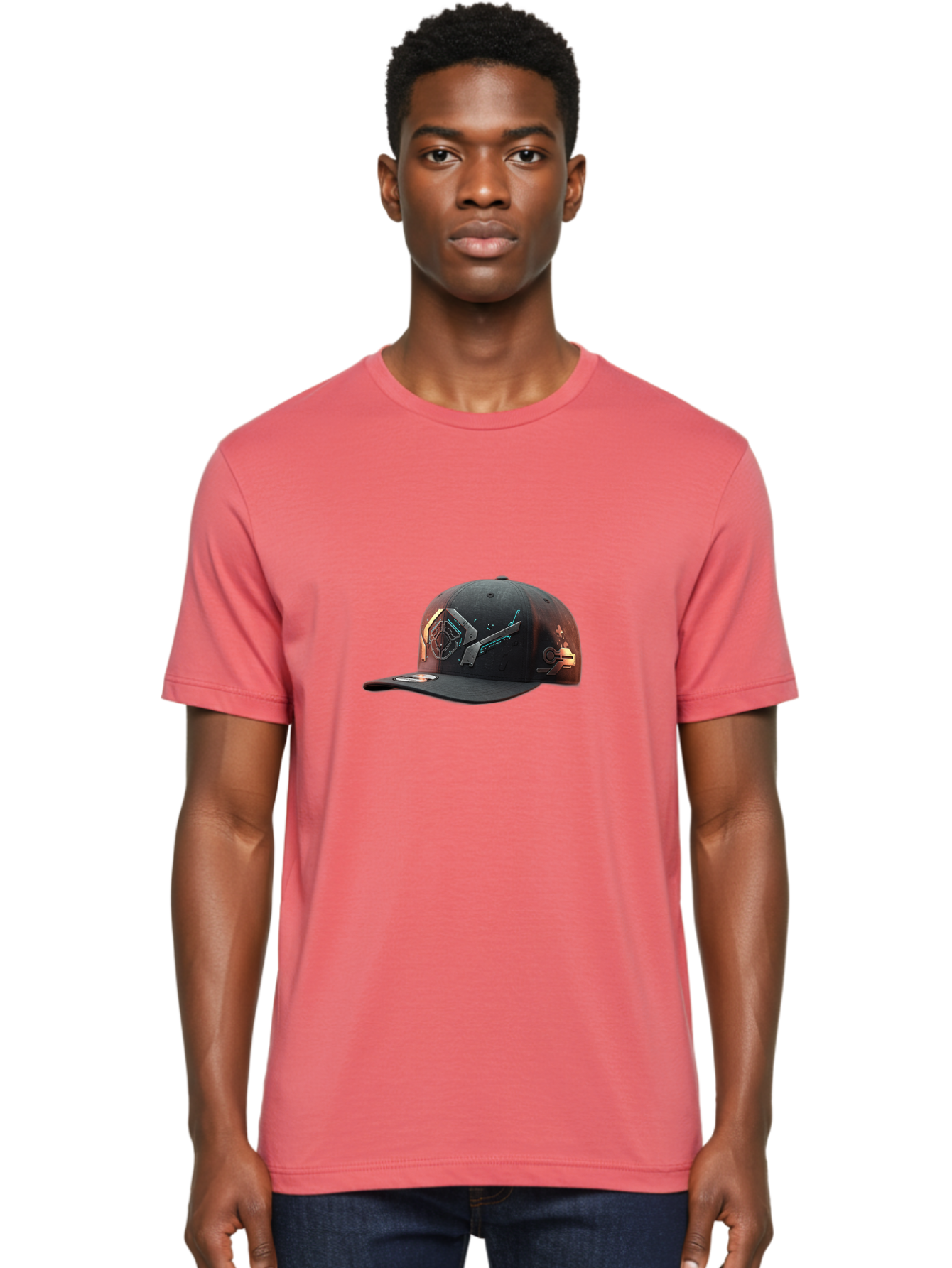 Black-Baseball-Cap Men'S Graphic Tee, 100% Cotton, Comfortable Casual Summer Wear, Machine Washable, Futuristic Baseball Cap, Cyberpunk Design, Neon Lights, High-Tech, Avant-Garde Fashion, Streetwear, Modern Accessories, Bold Graphics, Bac623