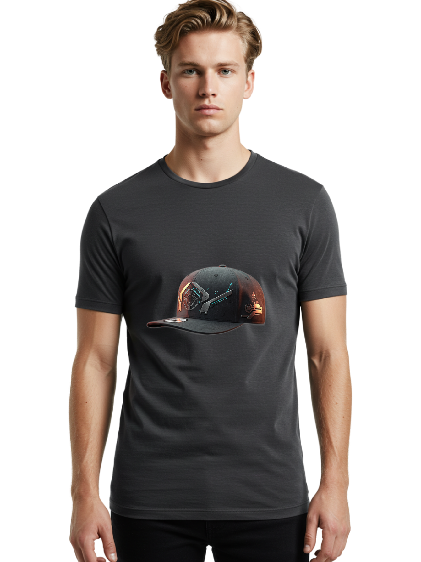 Black-Baseball-Cap Men'S Graphic Tee, 100% Cotton, Comfortable Casual Summer Wear, Machine Washable, Futuristic Baseball Cap, Cyberpunk Design, Neon Lights, High-Tech, Avant-Garde Fashion, Streetwear, Modern Accessories, Bold Graphics, Bac623
