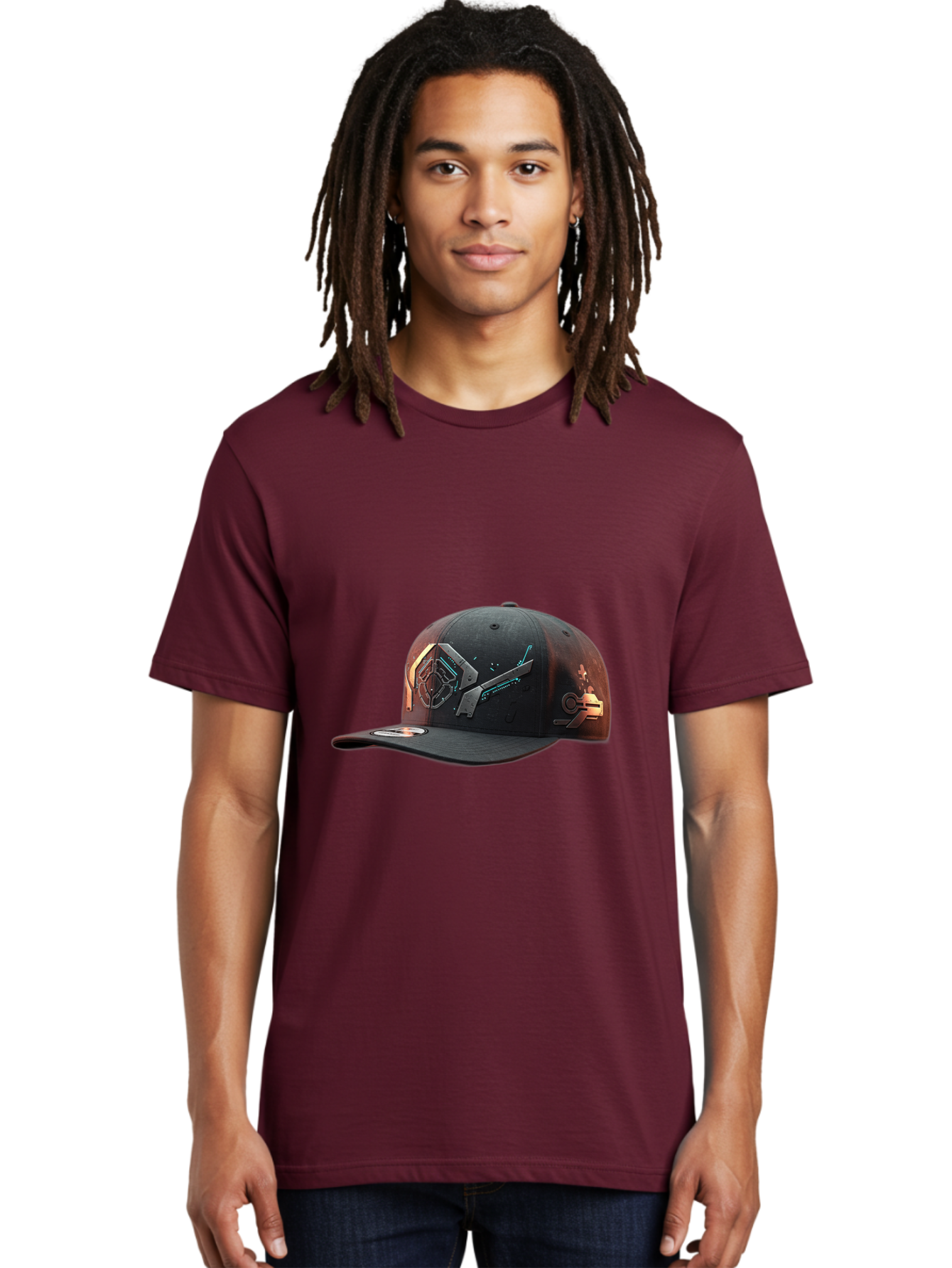 Black-Baseball-Cap Men'S Graphic Tee, 100% Cotton, Comfortable Casual Summer Wear, Machine Washable, Futuristic Baseball Cap, Cyberpunk Design, Neon Lights, High-Tech, Avant-Garde Fashion, Streetwear, Modern Accessories, Bold Graphics, Bac623