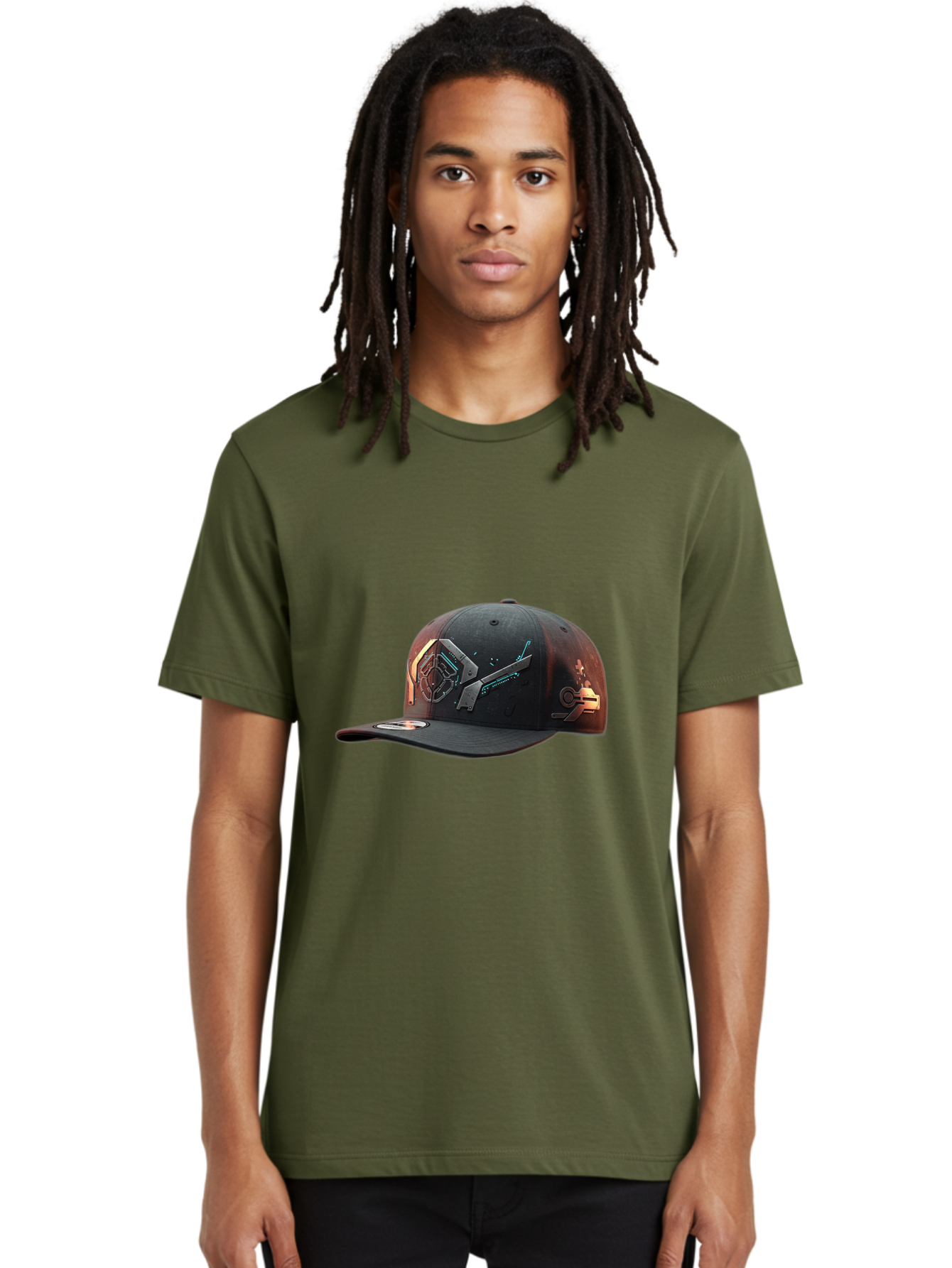 Black-Baseball-Cap Men'S Graphic Tee, 100% Cotton, Comfortable Casual Summer Wear, Machine Washable, Futuristic Baseball Cap, Cyberpunk Design, Neon Lights, High-Tech, Avant-Garde Fashion, Streetwear, Modern Accessories, Bold Graphics, Bac623