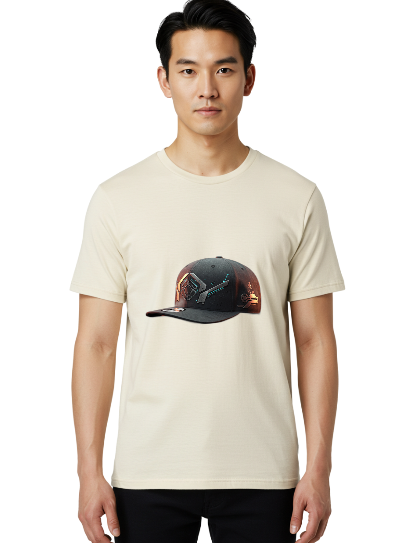 Black-Baseball-Cap Men'S Graphic Tee, 100% Cotton, Comfortable Casual Summer Wear, Machine Washable, Futuristic Baseball Cap, Cyberpunk Design, Neon Lights, High-Tech, Avant-Garde Fashion, Streetwear, Modern Accessories, Bold Graphics, Bac623