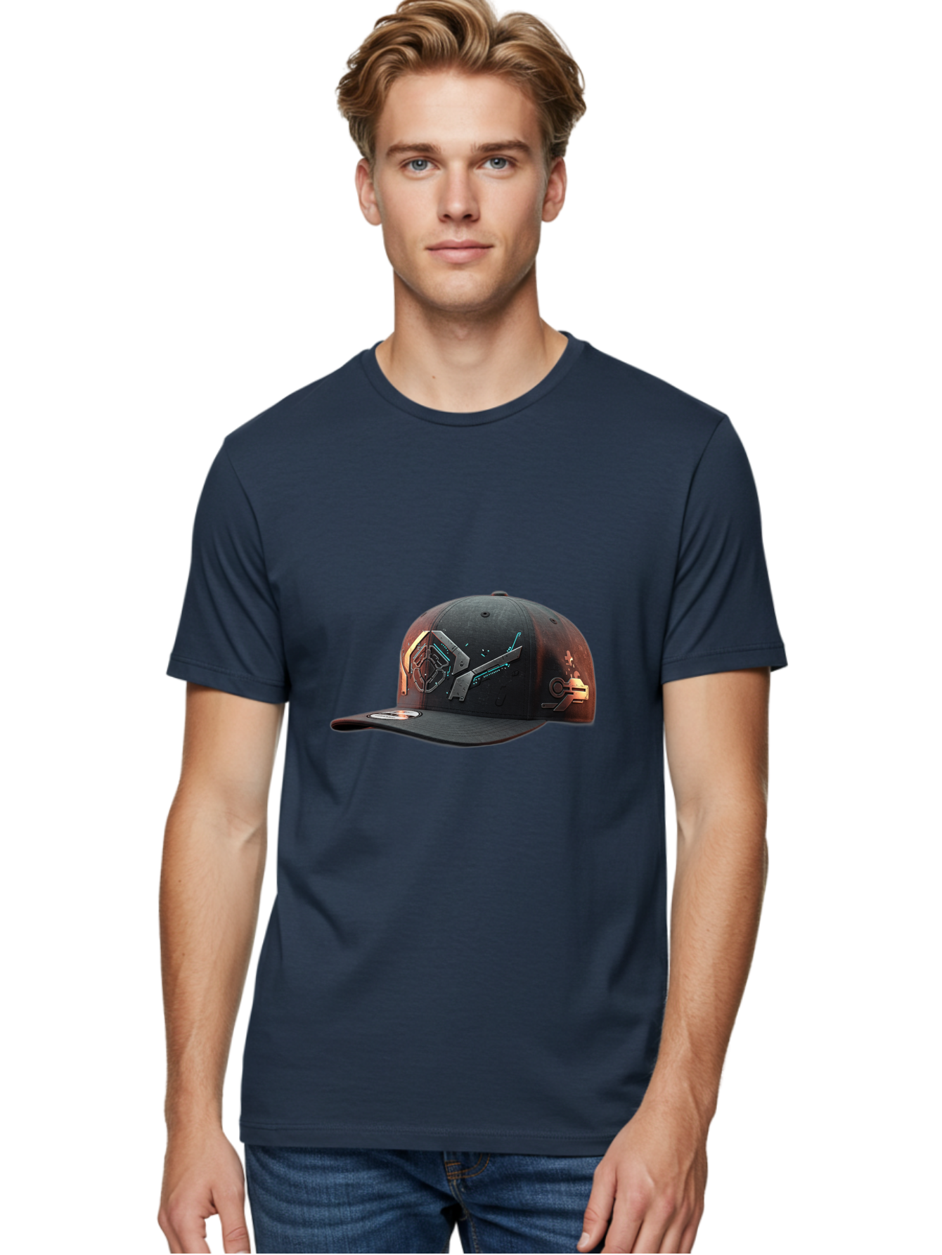 Black-Baseball-Cap Men'S Graphic Tee, 100% Cotton, Comfortable Casual Summer Wear, Machine Washable, Futuristic Baseball Cap, Cyberpunk Design, Neon Lights, High-Tech, Avant-Garde Fashion, Streetwear, Modern Accessories, Bold Graphics, Bac623