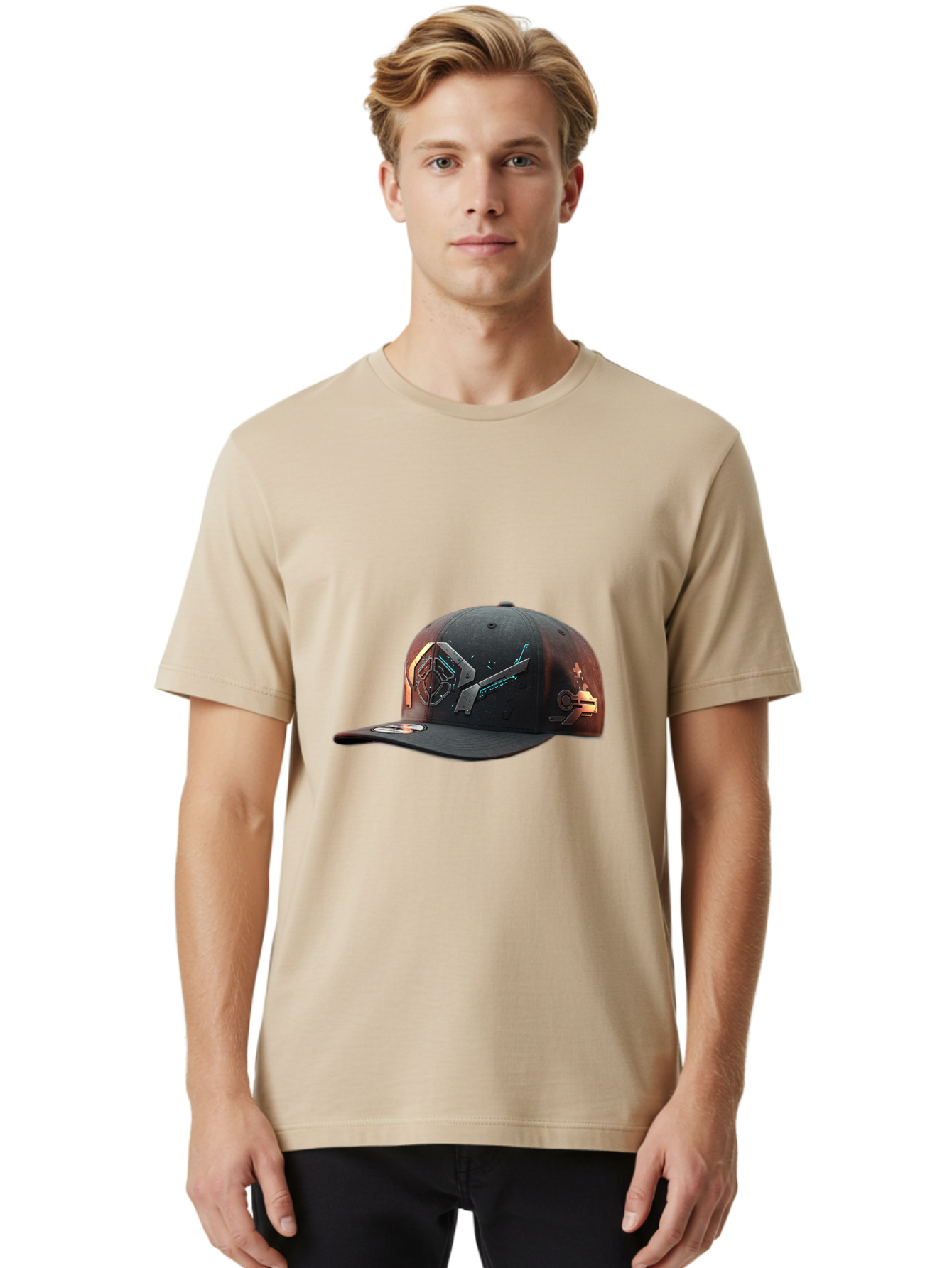 Black-Baseball-Cap Men'S Graphic Tee, 100% Cotton, Comfortable Casual Summer Wear, Machine Washable, Futuristic Baseball Cap, Cyberpunk Design, Neon Lights, High-Tech, Avant-Garde Fashion, Streetwear, Modern Accessories, Bold Graphics, Bac623