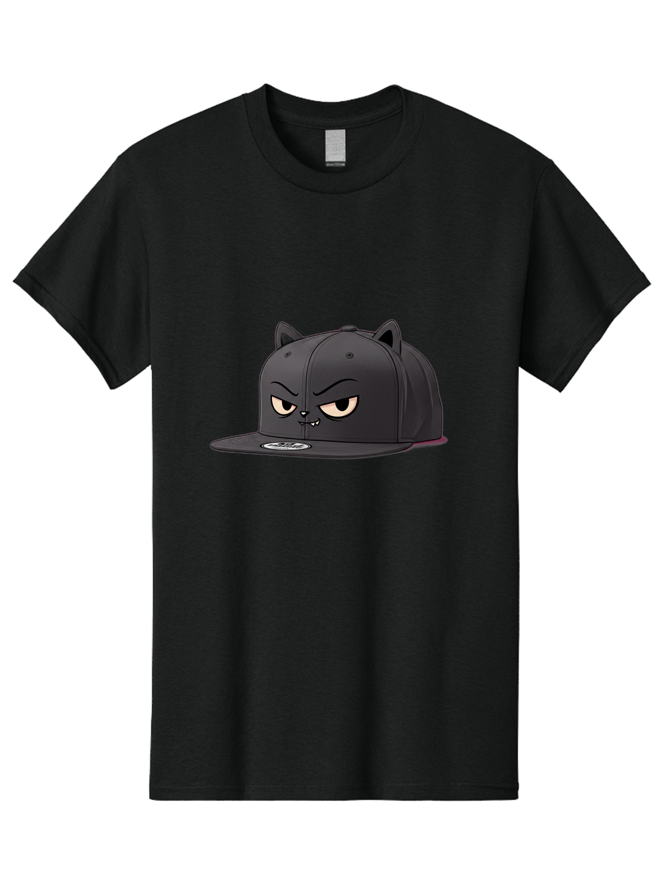 Black-Cat-Cap Men'S Graphic Tee, 100% Cotton, Comfortable Casual Summer Wear, Machine Washable, Black Baseball Cap, Cartoon Cat Face, Angry Expression, Feline Features, Black Hat, Grumpy Cat, Cat Ears, Trendy Accessory, Streetwear Fashion Bac624