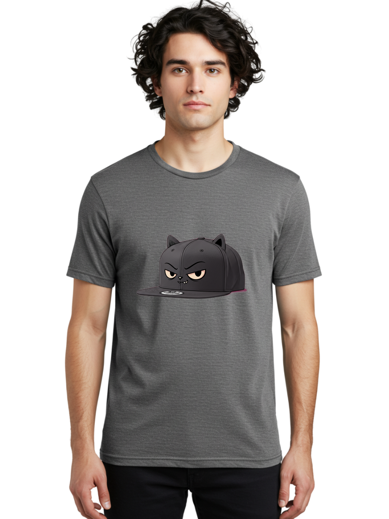 Black-Cat-Cap Men'S Graphic Tee, 100% Cotton, Comfortable Casual Summer Wear, Machine Washable, Black Baseball Cap, Cartoon Cat Face, Angry Expression, Feline Features, Black Hat, Grumpy Cat, Cat Ears, Trendy Accessory, Streetwear Fashion Bac624