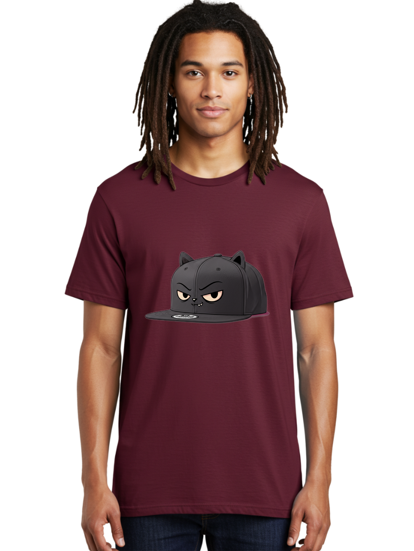 Black-Cat-Cap Men'S Graphic Tee, 100% Cotton, Comfortable Casual Summer Wear, Machine Washable, Black Baseball Cap, Cartoon Cat Face, Angry Expression, Feline Features, Black Hat, Grumpy Cat, Cat Ears, Trendy Accessory, Streetwear Fashion Bac624