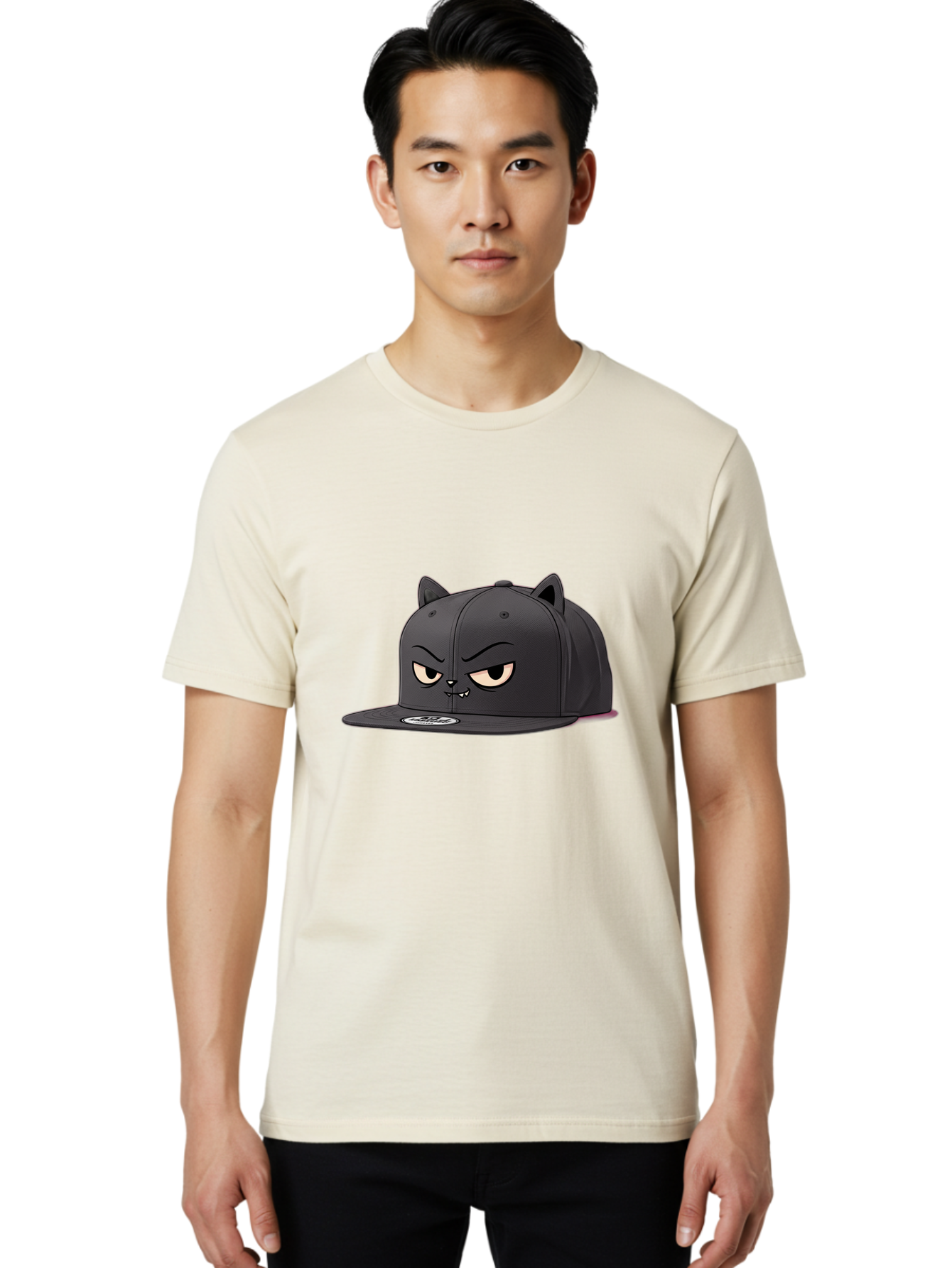 Black-Cat-Cap Men'S Graphic Tee, 100% Cotton, Comfortable Casual Summer Wear, Machine Washable, Black Baseball Cap, Cartoon Cat Face, Angry Expression, Feline Features, Black Hat, Grumpy Cat, Cat Ears, Trendy Accessory, Streetwear Fashion Bac624