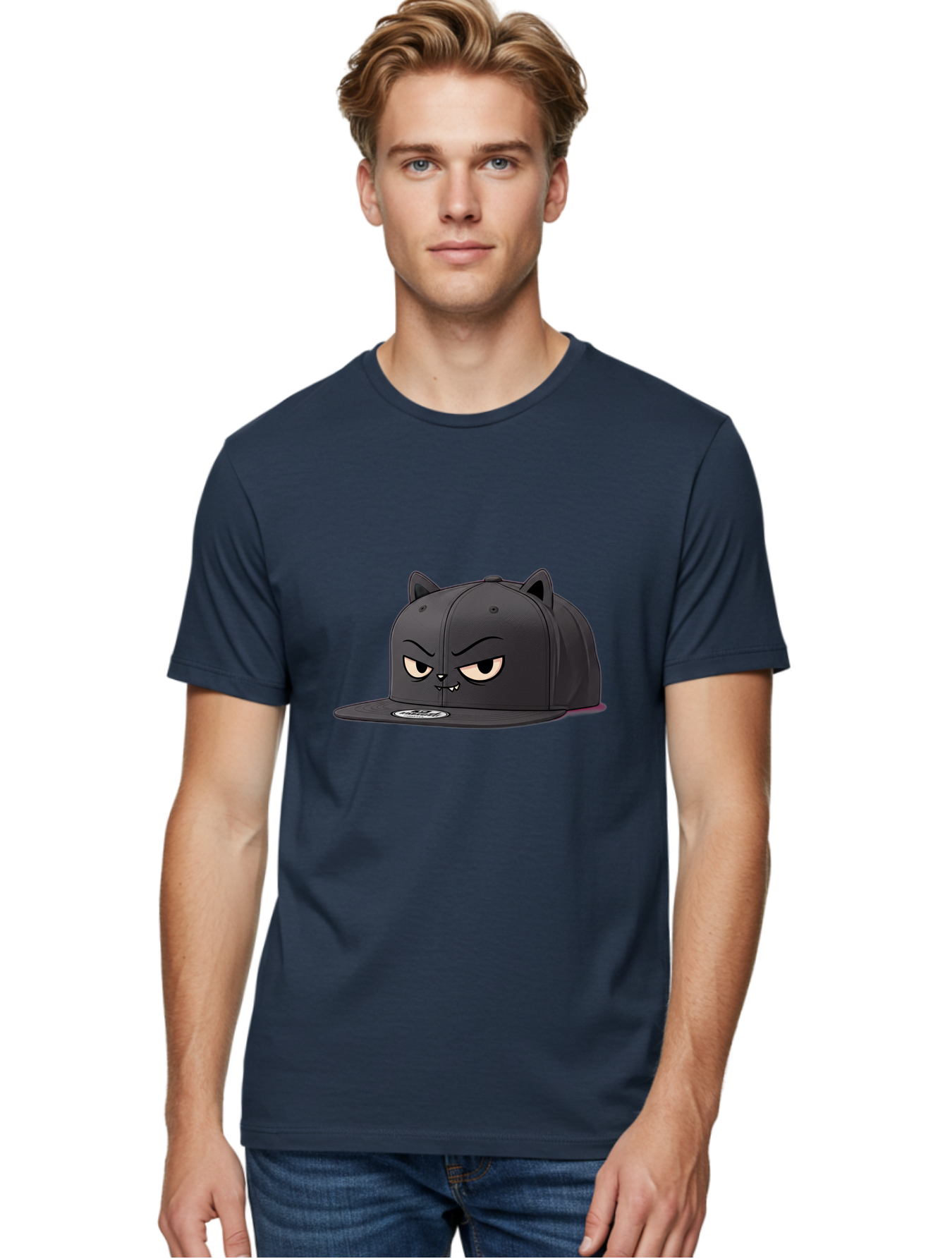 Black-Cat-Cap Men'S Graphic Tee, 100% Cotton, Comfortable Casual Summer Wear, Machine Washable, Black Baseball Cap, Cartoon Cat Face, Angry Expression, Feline Features, Black Hat, Grumpy Cat, Cat Ears, Trendy Accessory, Streetwear Fashion Bac624