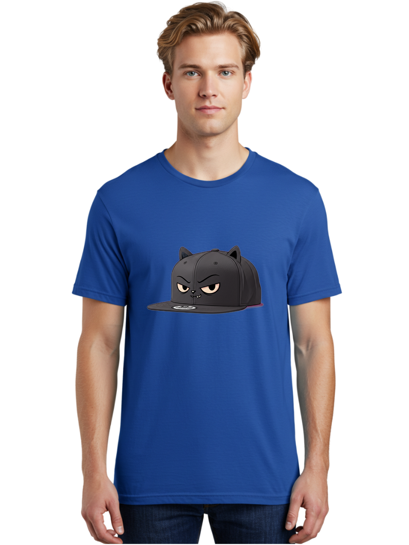 Black-Cat-Cap Men'S Graphic Tee, 100% Cotton, Comfortable Casual Summer Wear, Machine Washable, Black Baseball Cap, Cartoon Cat Face, Angry Expression, Feline Features, Black Hat, Grumpy Cat, Cat Ears, Trendy Accessory, Streetwear Fashion Bac624