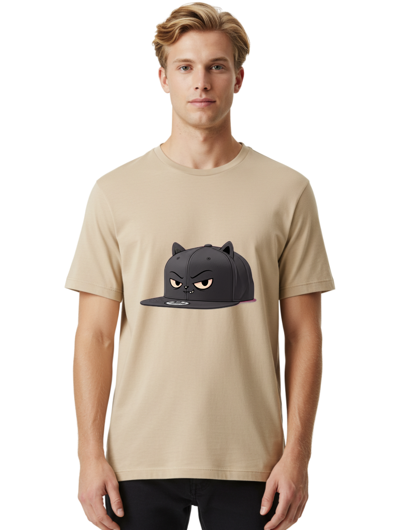 Black-Cat-Cap Men'S Graphic Tee, 100% Cotton, Comfortable Casual Summer Wear, Machine Washable, Black Baseball Cap, Cartoon Cat Face, Angry Expression, Feline Features, Black Hat, Grumpy Cat, Cat Ears, Trendy Accessory, Streetwear Fashion Bac624