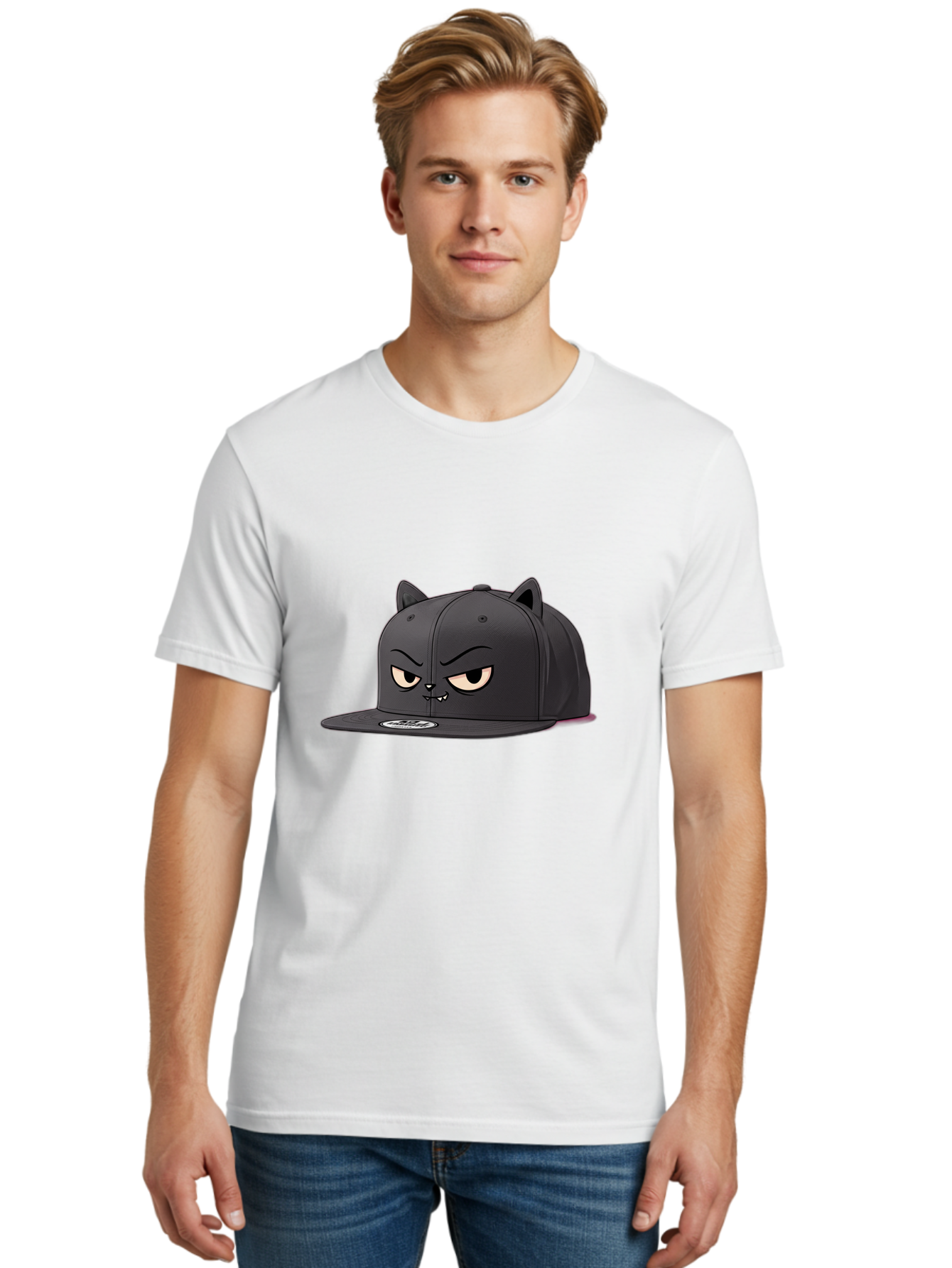 Black-Cat-Cap Men'S Graphic Tee, 100% Cotton, Comfortable Casual Summer Wear, Machine Washable, Black Baseball Cap, Cartoon Cat Face, Angry Expression, Feline Features, Black Hat, Grumpy Cat, Cat Ears, Trendy Accessory, Streetwear Fashion Bac624
