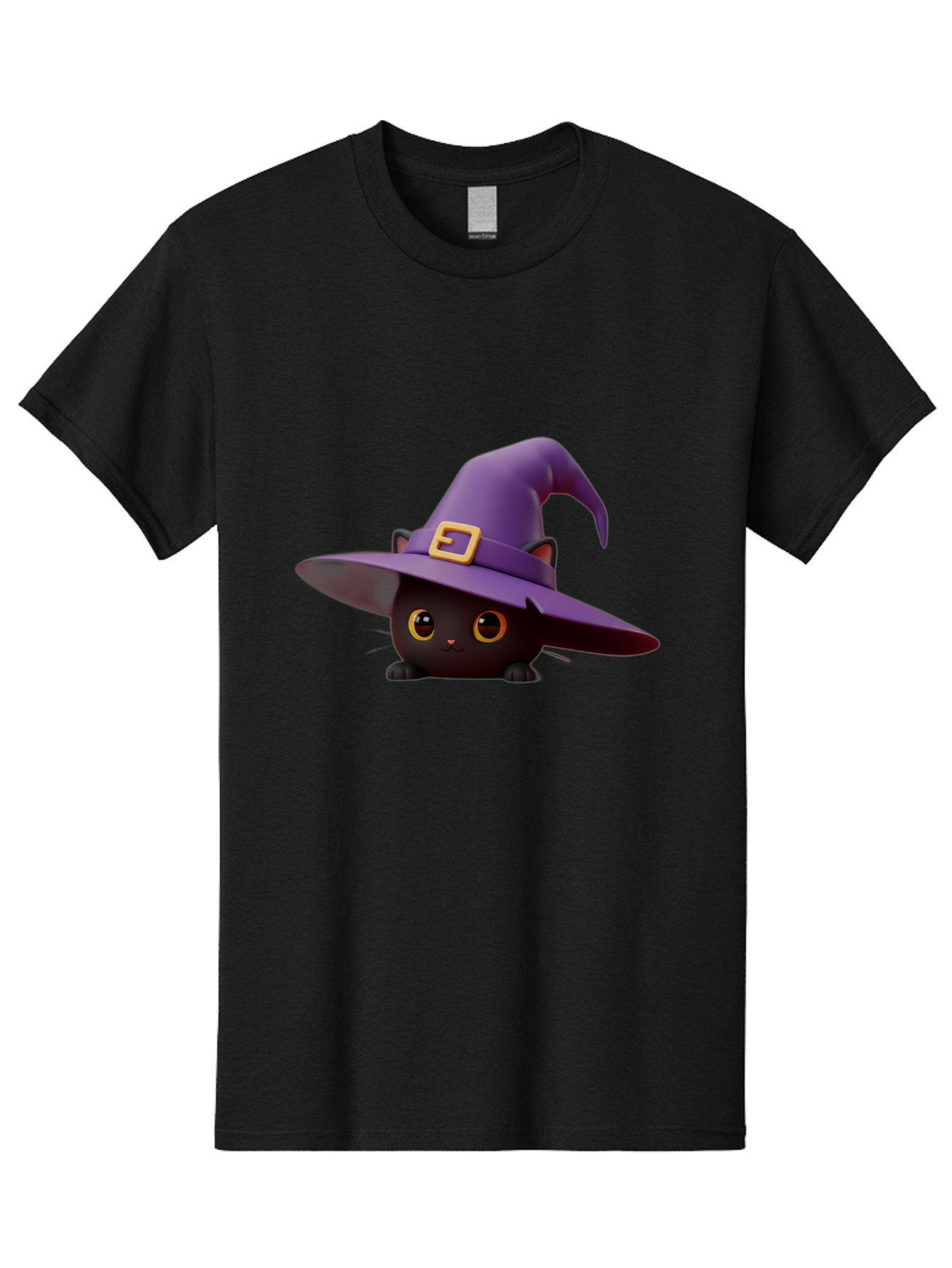 Black-Cat-In-Purple-Witch-Hat Men'S Graphic Tee, 100% Cotton, Comfortable Casual Summer Wear, Machine Washable, Black Cat, Purple Witch Hat, Gold Buckle, Cartoon Style, Whimsical Design, Halloween Theme, Cute Character, Yellow Eyes Bac625