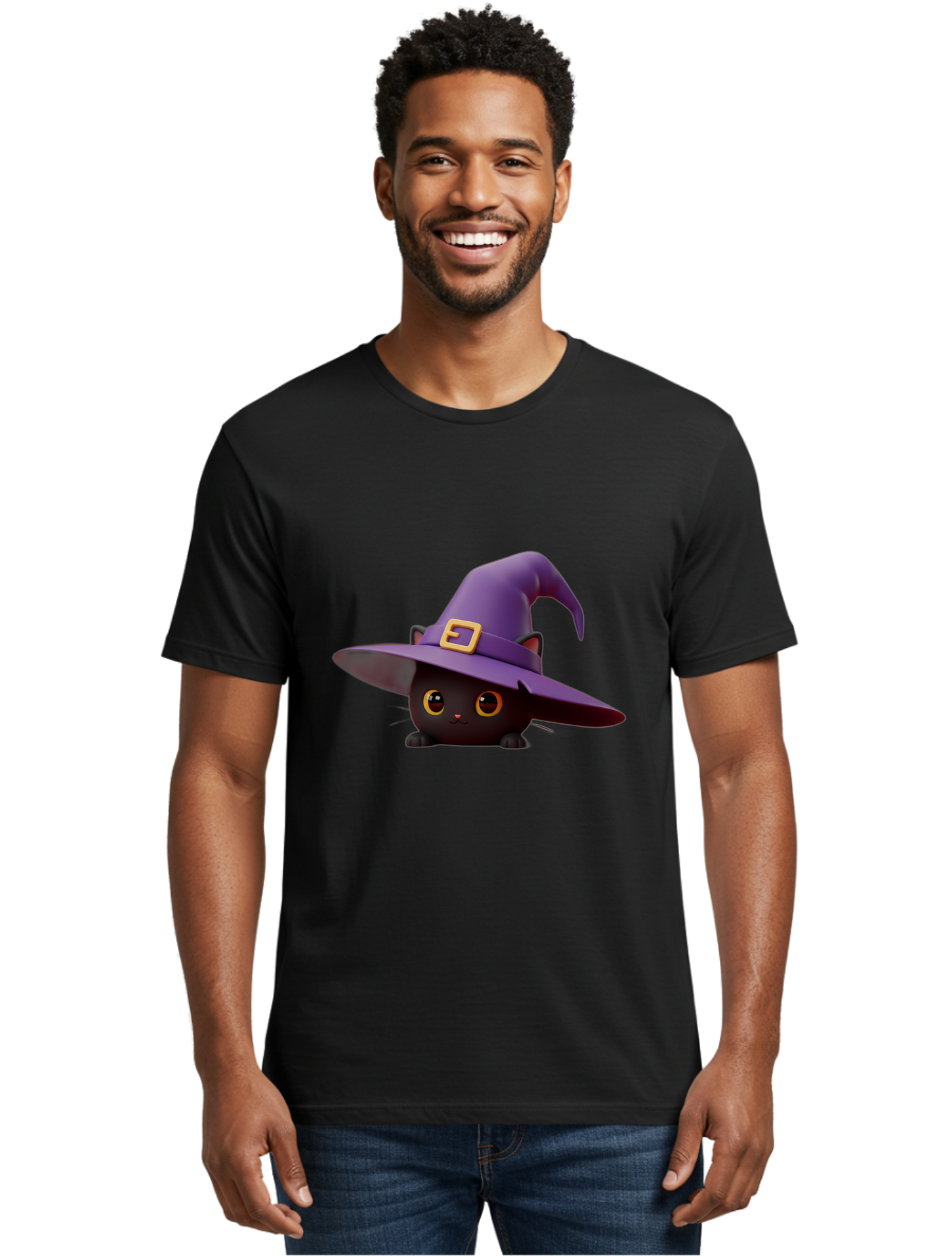 Black-Cat-In-Purple-Witch-Hat Men'S Graphic Tee, 100% Cotton, Comfortable Casual Summer Wear, Machine Washable, Black Cat, Purple Witch Hat, Gold Buckle, Cartoon Style, Whimsical Design, Halloween Theme, Cute Character, Yellow Eyes Bac625