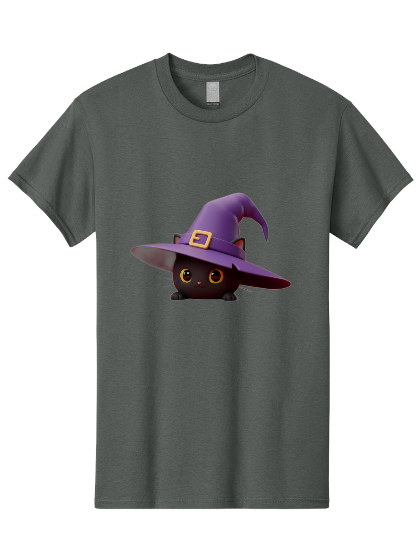 Black-Cat-In-Purple-Witch-Hat Men'S Graphic Tee, 100% Cotton, Comfortable Casual Summer Wear, Machine Washable, Black Cat, Purple Witch Hat, Gold Buckle, Cartoon Style, Whimsical Design, Halloween Theme, Cute Character, Yellow Eyes Bac625