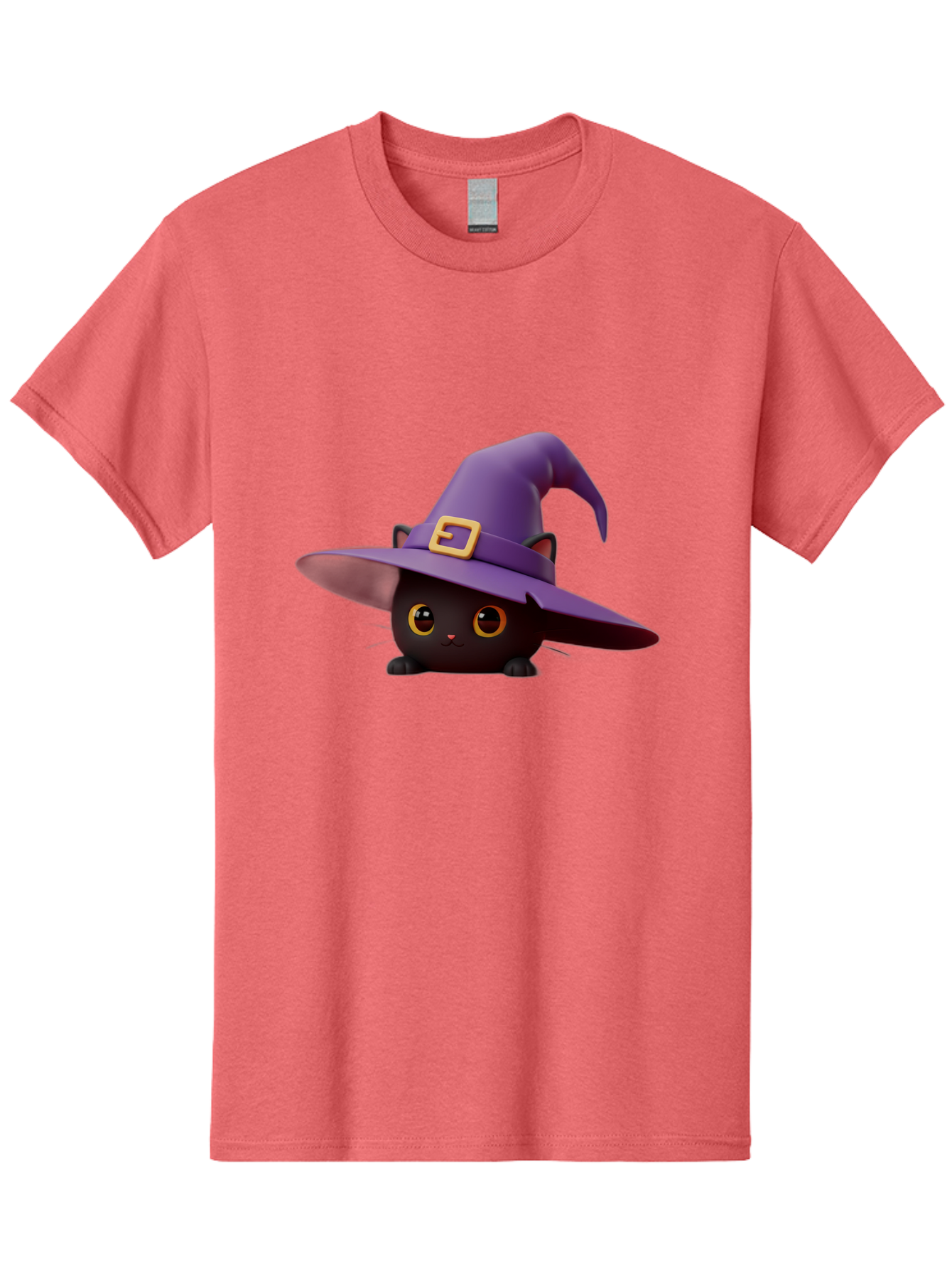 Black-Cat-In-Purple-Witch-Hat Men'S Graphic Tee, 100% Cotton, Comfortable Casual Summer Wear, Machine Washable, Black Cat, Purple Witch Hat, Gold Buckle, Cartoon Style, Whimsical Design, Halloween Theme, Cute Character, Yellow Eyes Bac625