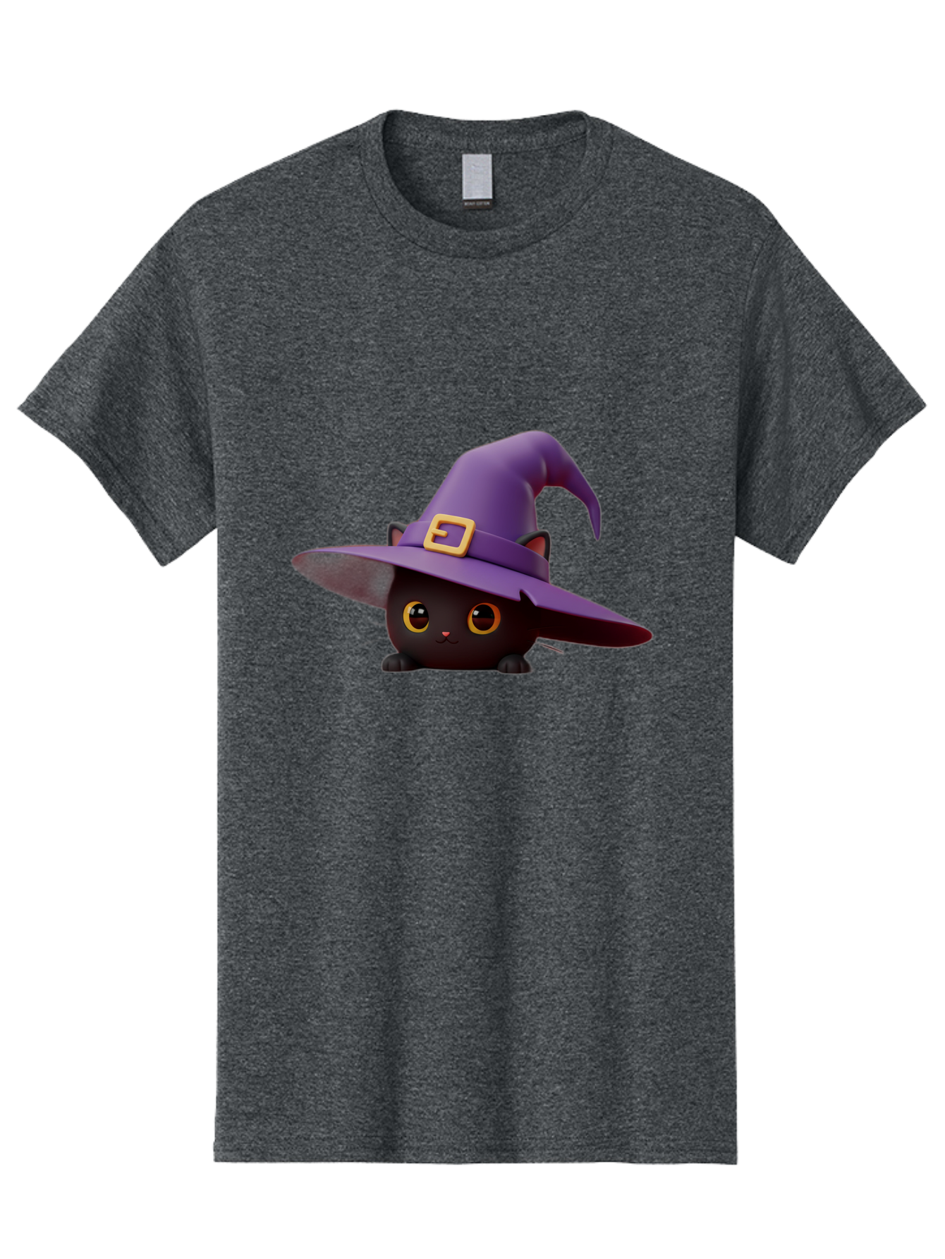 Black-Cat-In-Purple-Witch-Hat Men'S Graphic Tee, 100% Cotton, Comfortable Casual Summer Wear, Machine Washable, Black Cat, Purple Witch Hat, Gold Buckle, Cartoon Style, Whimsical Design, Halloween Theme, Cute Character, Yellow Eyes Bac625