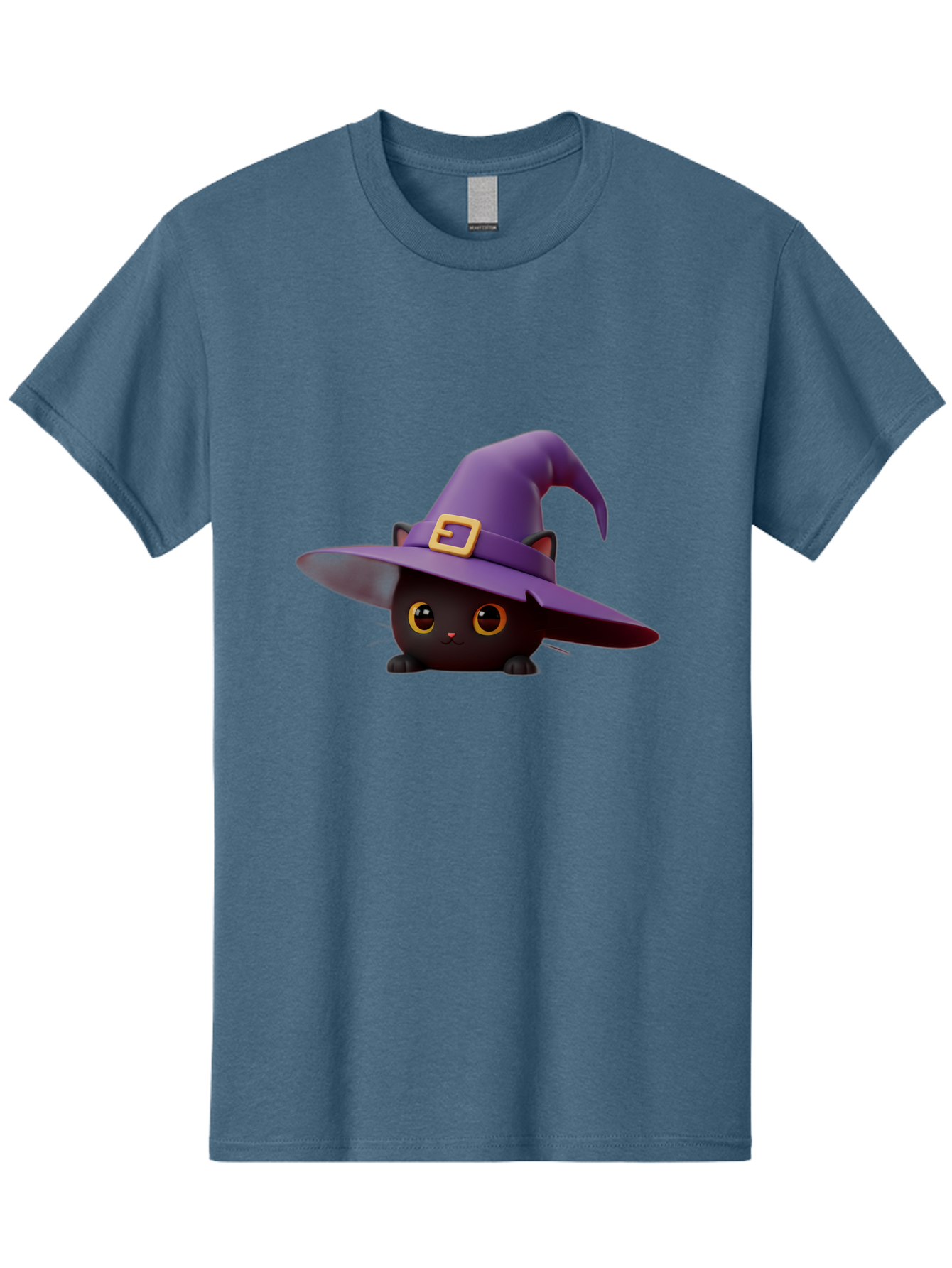 Black-Cat-In-Purple-Witch-Hat Men'S Graphic Tee, 100% Cotton, Comfortable Casual Summer Wear, Machine Washable, Black Cat, Purple Witch Hat, Gold Buckle, Cartoon Style, Whimsical Design, Halloween Theme, Cute Character, Yellow Eyes Bac625