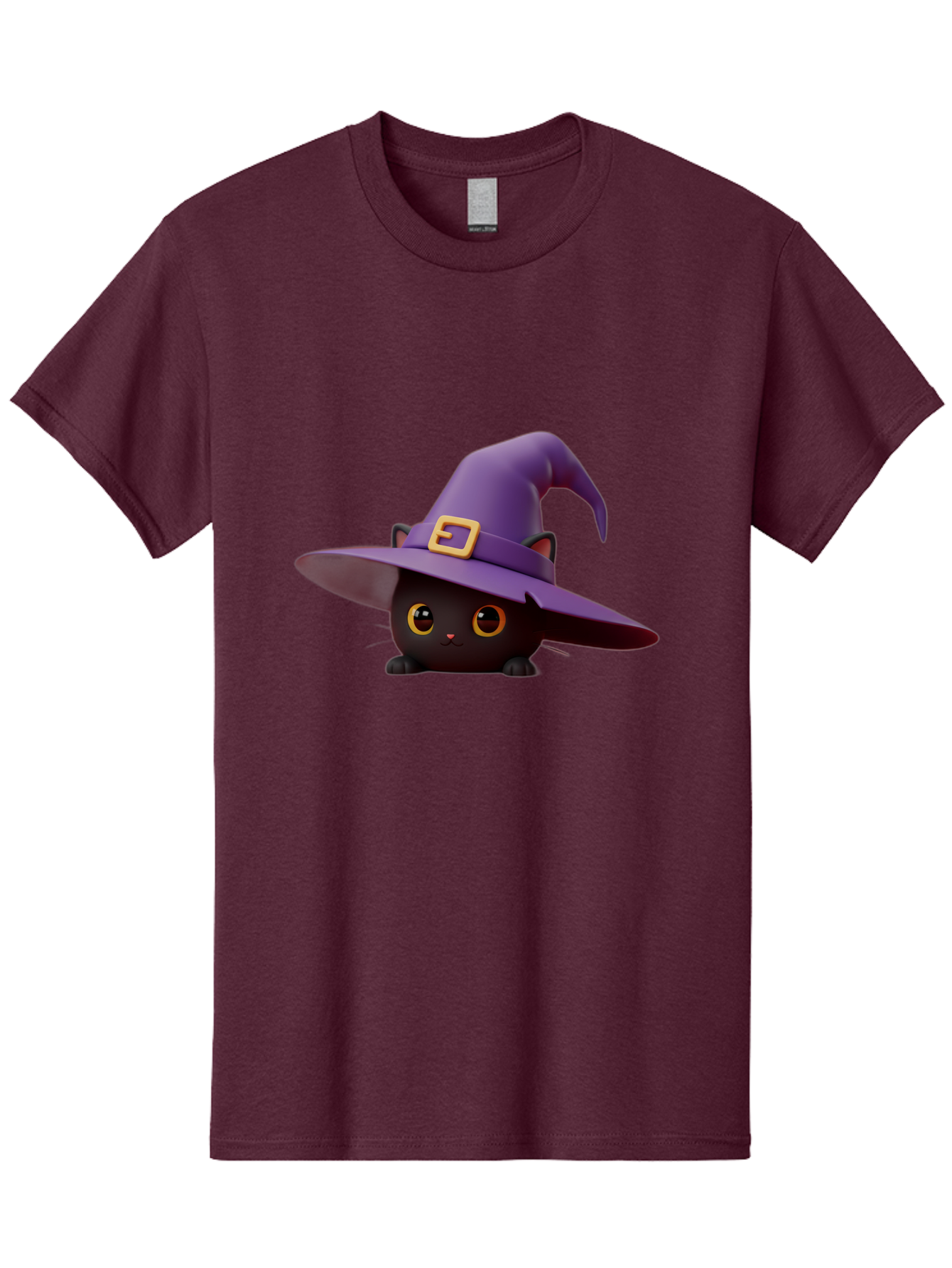 Black-Cat-In-Purple-Witch-Hat Men'S Graphic Tee, 100% Cotton, Comfortable Casual Summer Wear, Machine Washable, Black Cat, Purple Witch Hat, Gold Buckle, Cartoon Style, Whimsical Design, Halloween Theme, Cute Character, Yellow Eyes Bac625