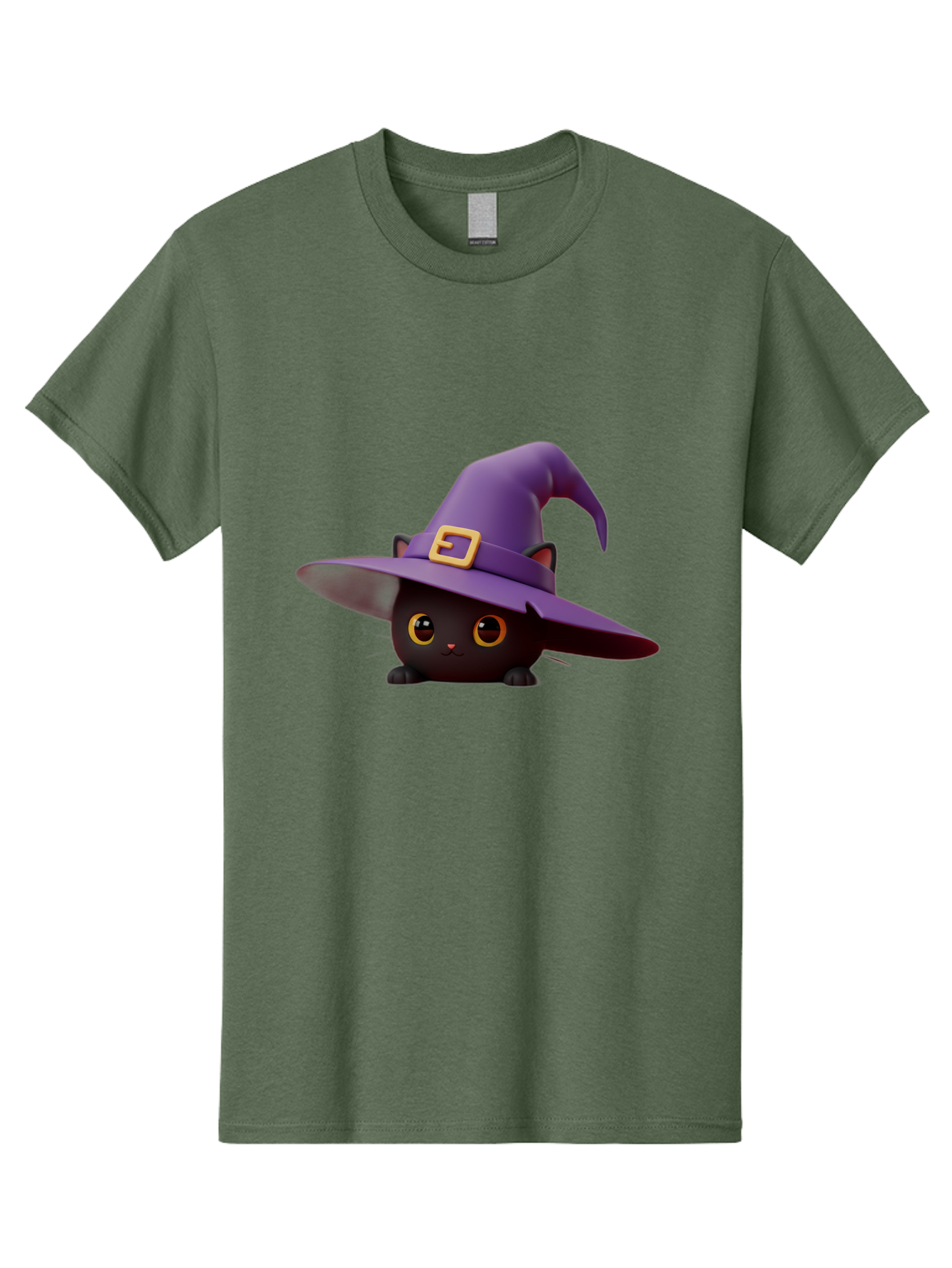 Black-Cat-In-Purple-Witch-Hat Men'S Graphic Tee, 100% Cotton, Comfortable Casual Summer Wear, Machine Washable, Black Cat, Purple Witch Hat, Gold Buckle, Cartoon Style, Whimsical Design, Halloween Theme, Cute Character, Yellow Eyes Bac625