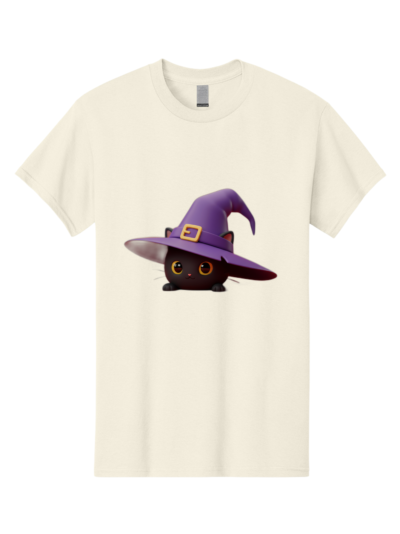 Black-Cat-In-Purple-Witch-Hat Men'S Graphic Tee, 100% Cotton, Comfortable Casual Summer Wear, Machine Washable, Black Cat, Purple Witch Hat, Gold Buckle, Cartoon Style, Whimsical Design, Halloween Theme, Cute Character, Yellow Eyes Bac625