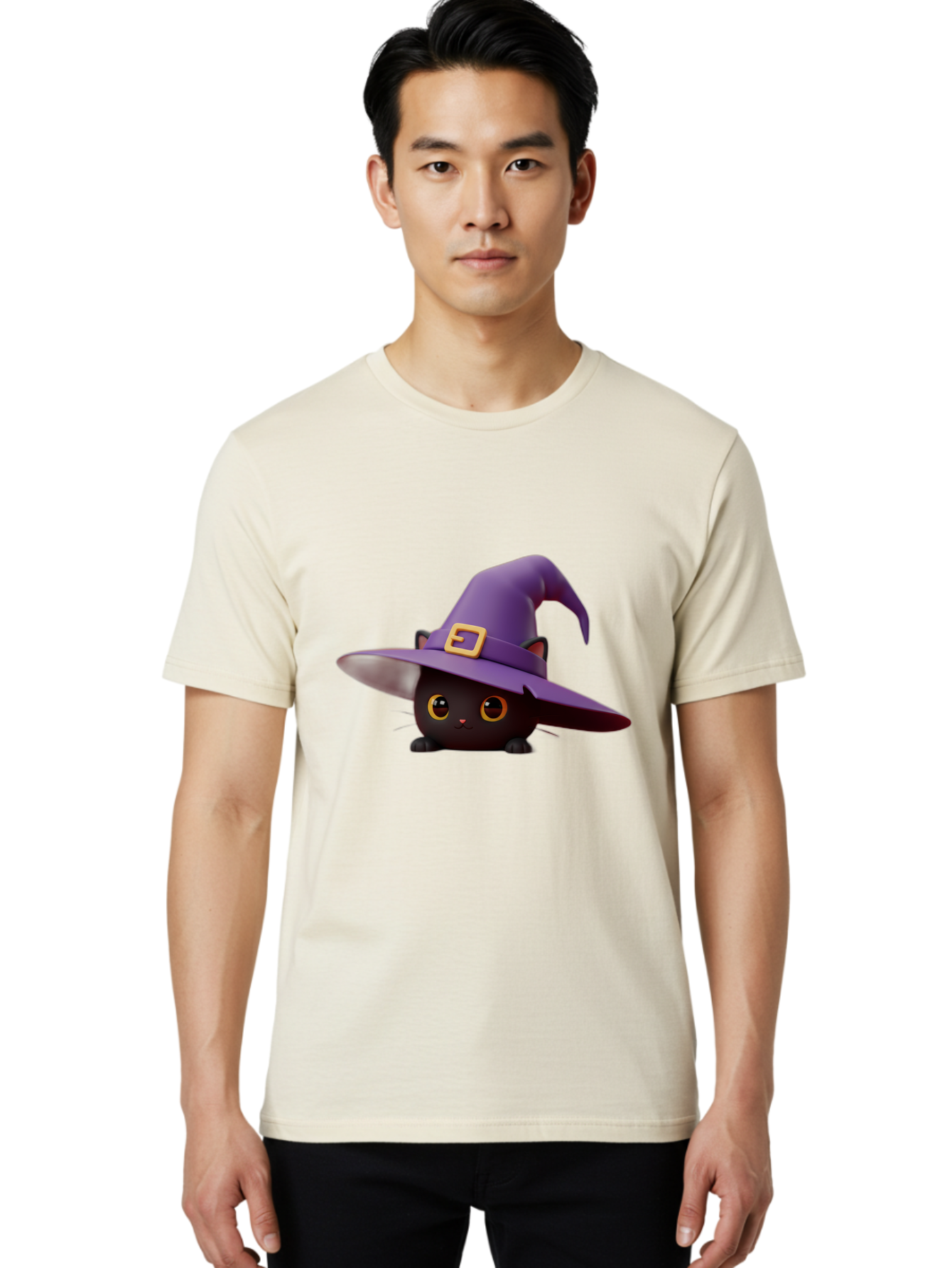 Black-Cat-In-Purple-Witch-Hat Men'S Graphic Tee, 100% Cotton, Comfortable Casual Summer Wear, Machine Washable, Black Cat, Purple Witch Hat, Gold Buckle, Cartoon Style, Whimsical Design, Halloween Theme, Cute Character, Yellow Eyes Bac625