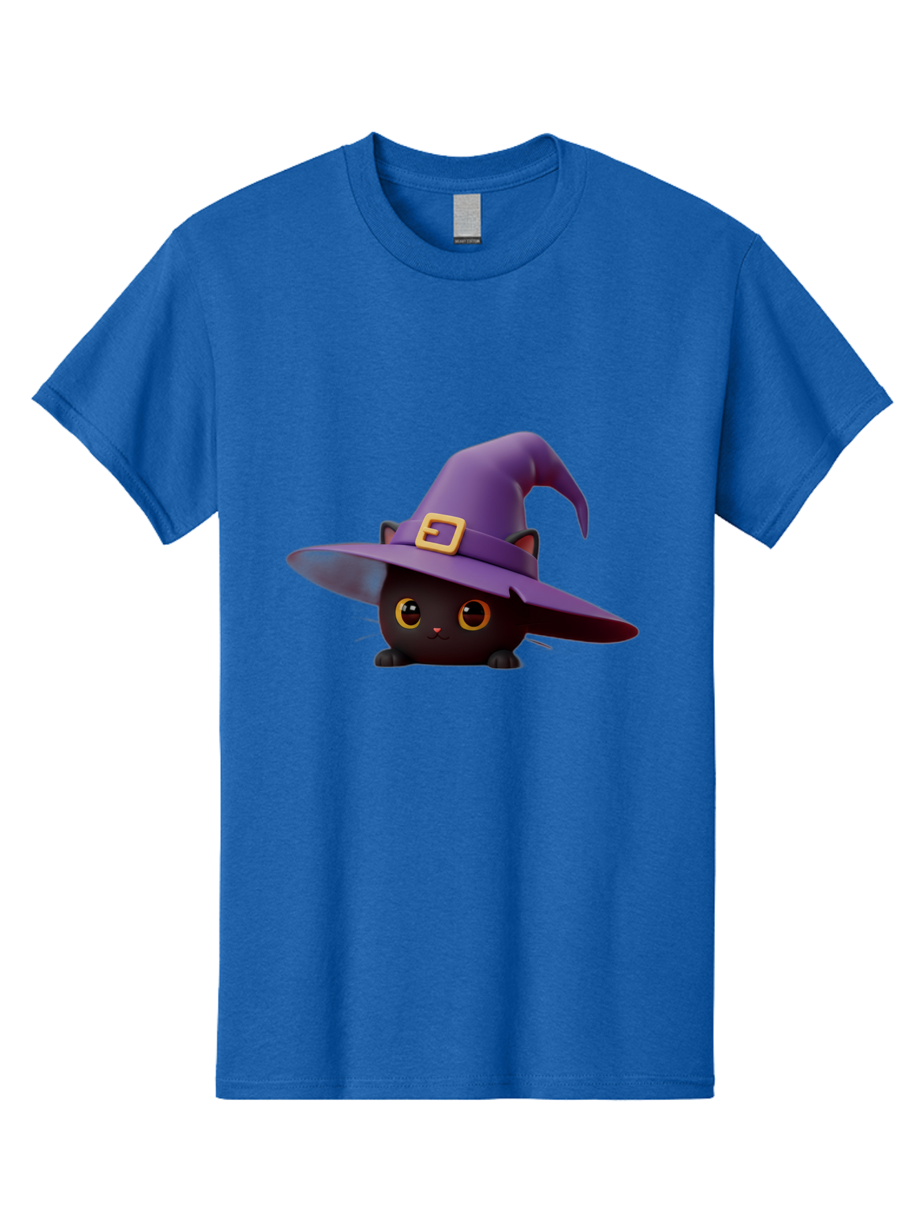 Black-Cat-In-Purple-Witch-Hat Men'S Graphic Tee, 100% Cotton, Comfortable Casual Summer Wear, Machine Washable, Black Cat, Purple Witch Hat, Gold Buckle, Cartoon Style, Whimsical Design, Halloween Theme, Cute Character, Yellow Eyes Bac625