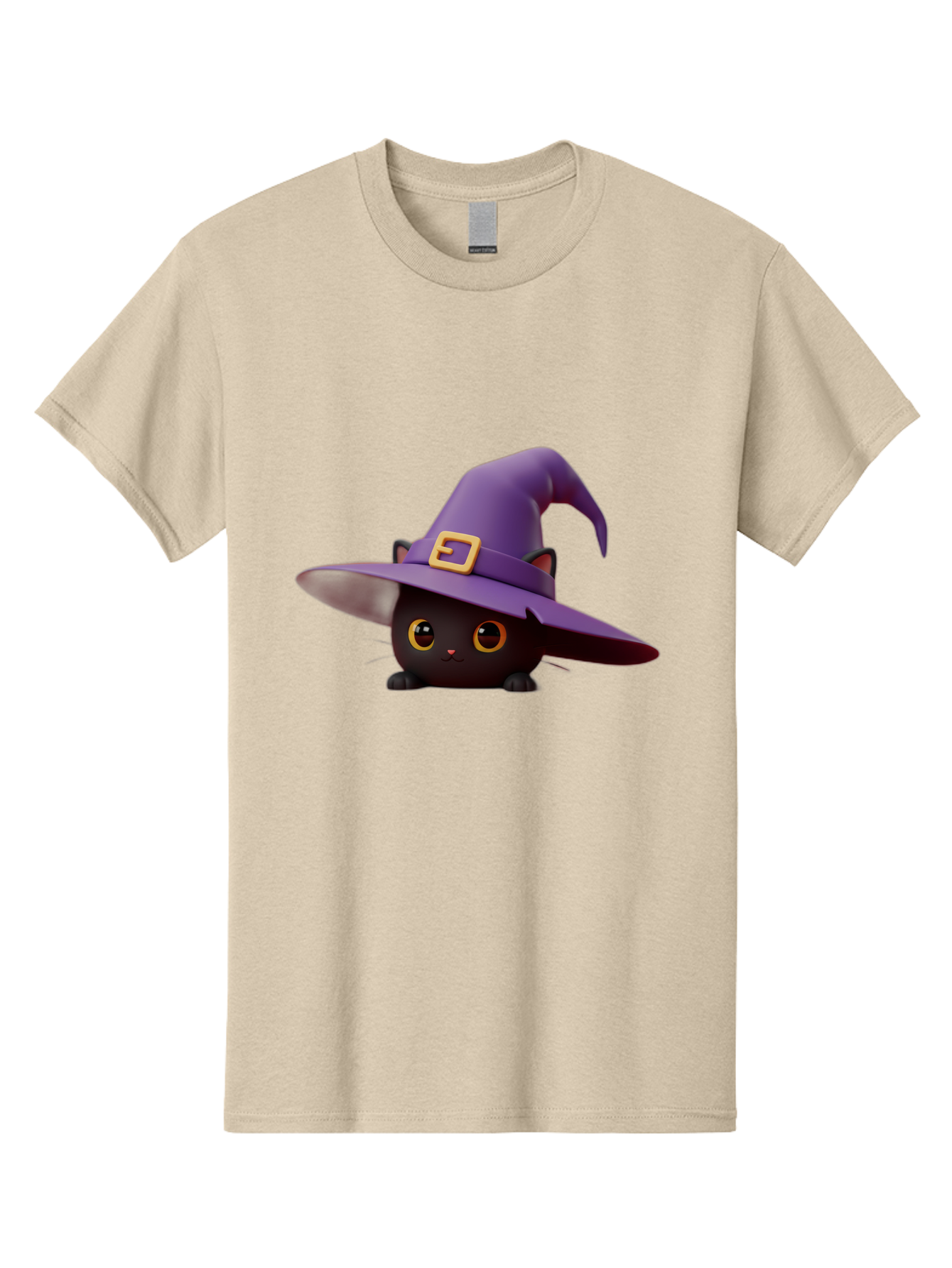 Black-Cat-In-Purple-Witch-Hat Men'S Graphic Tee, 100% Cotton, Comfortable Casual Summer Wear, Machine Washable, Black Cat, Purple Witch Hat, Gold Buckle, Cartoon Style, Whimsical Design, Halloween Theme, Cute Character, Yellow Eyes Bac625