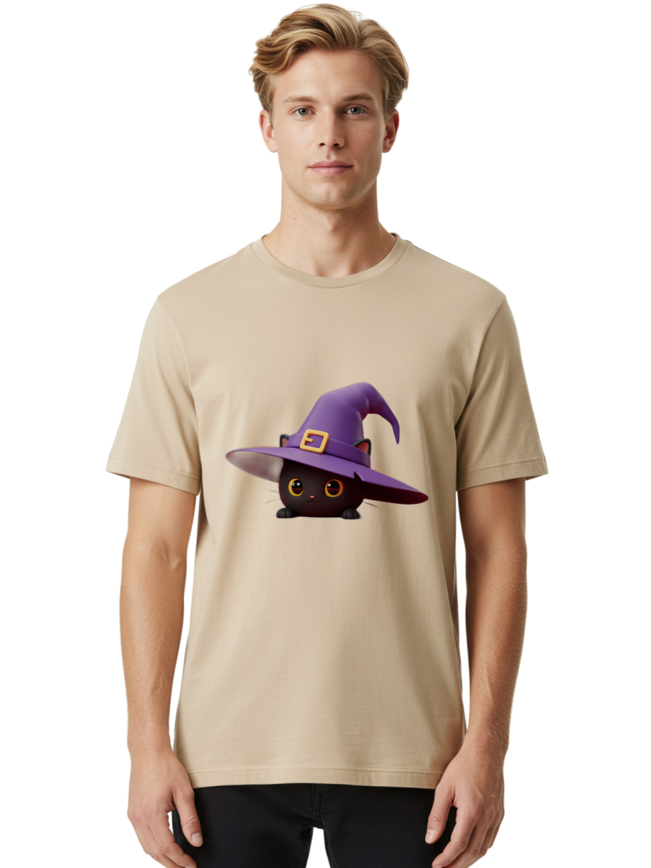 Black-Cat-In-Purple-Witch-Hat Men'S Graphic Tee, 100% Cotton, Comfortable Casual Summer Wear, Machine Washable, Black Cat, Purple Witch Hat, Gold Buckle, Cartoon Style, Whimsical Design, Halloween Theme, Cute Character, Yellow Eyes Bac625