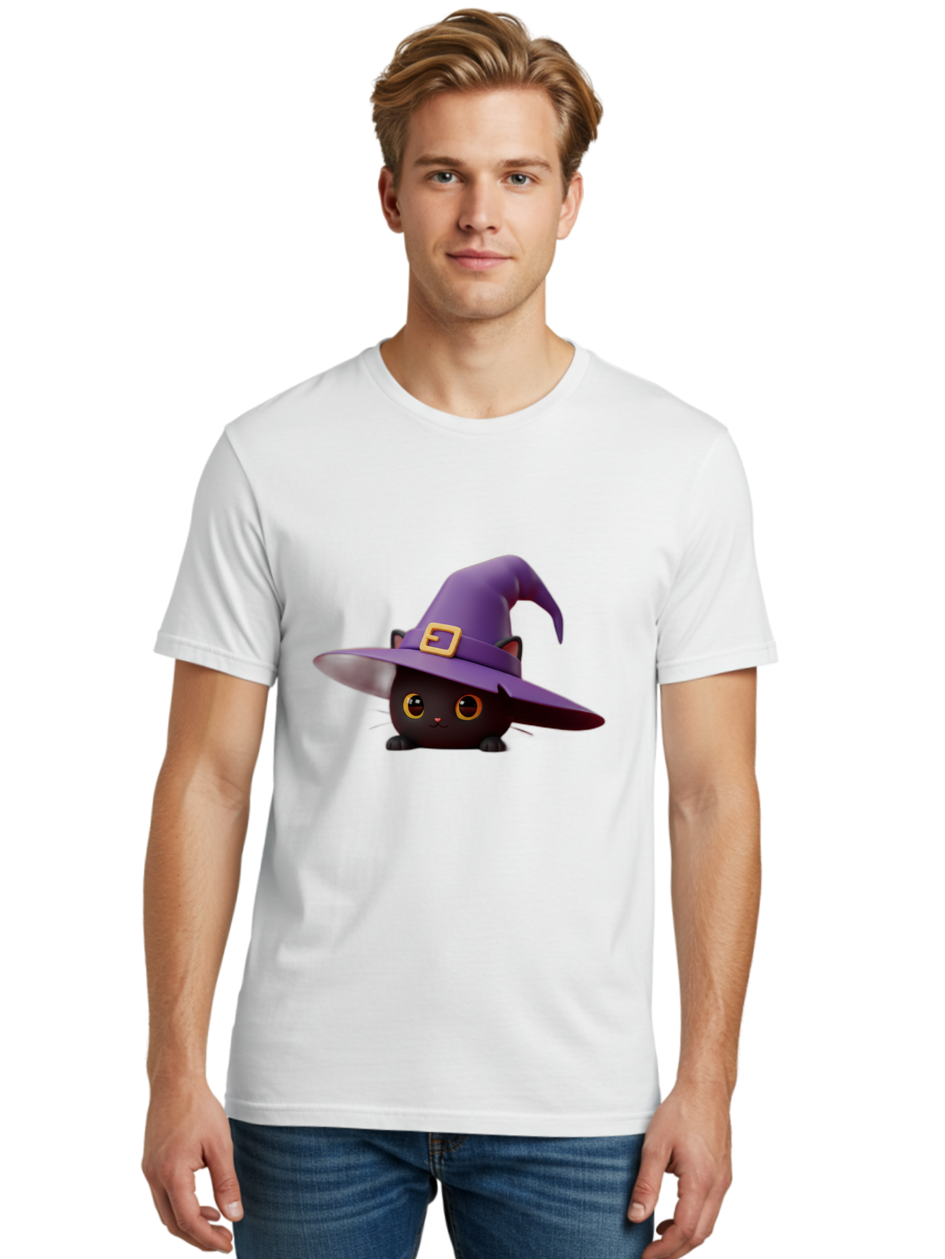 Black-Cat-In-Purple-Witch-Hat Men'S Graphic Tee, 100% Cotton, Comfortable Casual Summer Wear, Machine Washable, Black Cat, Purple Witch Hat, Gold Buckle, Cartoon Style, Whimsical Design, Halloween Theme, Cute Character, Yellow Eyes Bac625