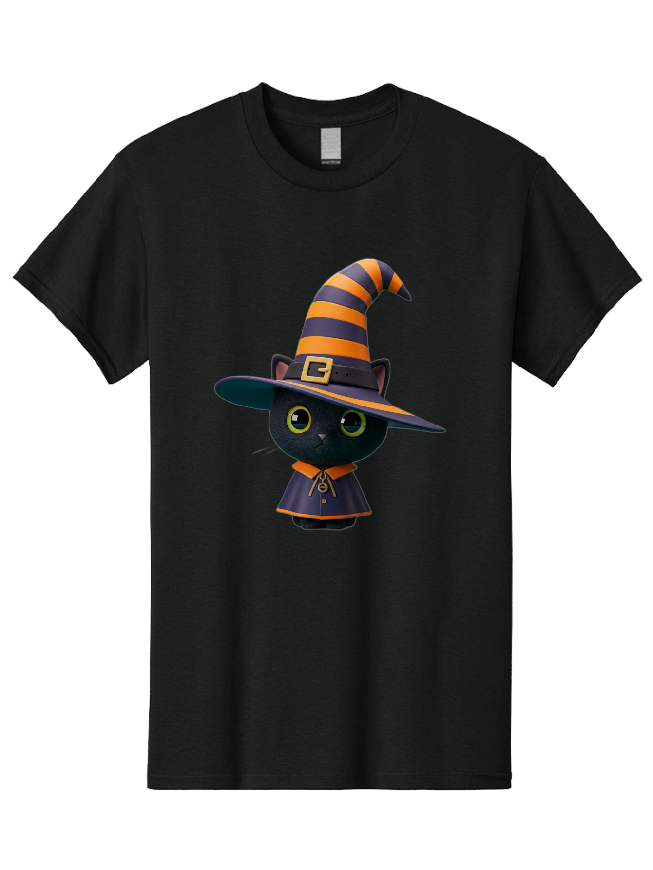 Black-Cat-In-Witch-Hat Men'S Graphic Tee, 100% Cotton, Comfortable Casual Summer Wear, Machine Washable, Black Cat, Witch Costume, Orange And Black Stripes, Cartoon Character, Halloween Theme, Spooky Kitty, Cute Animal, 3D Illustration, Bac626