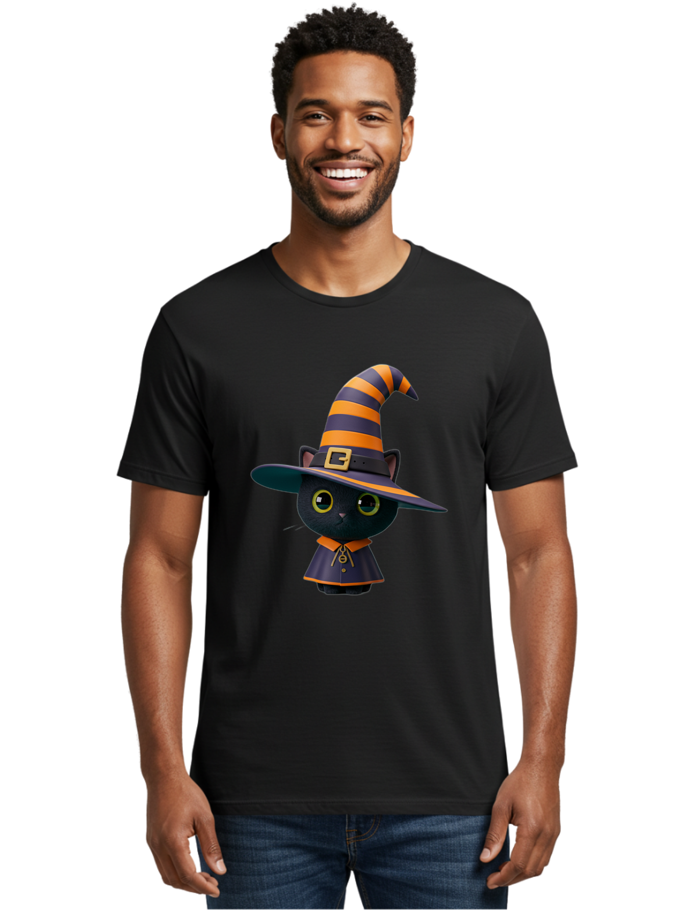 Black-Cat-In-Witch-Hat Men'S Graphic Tee, 100% Cotton, Comfortable Casual Summer Wear, Machine Washable, Black Cat, Witch Costume, Orange And Black Stripes, Cartoon Character, Halloween Theme, Spooky Kitty, Cute Animal, 3D Illustration, Bac626
