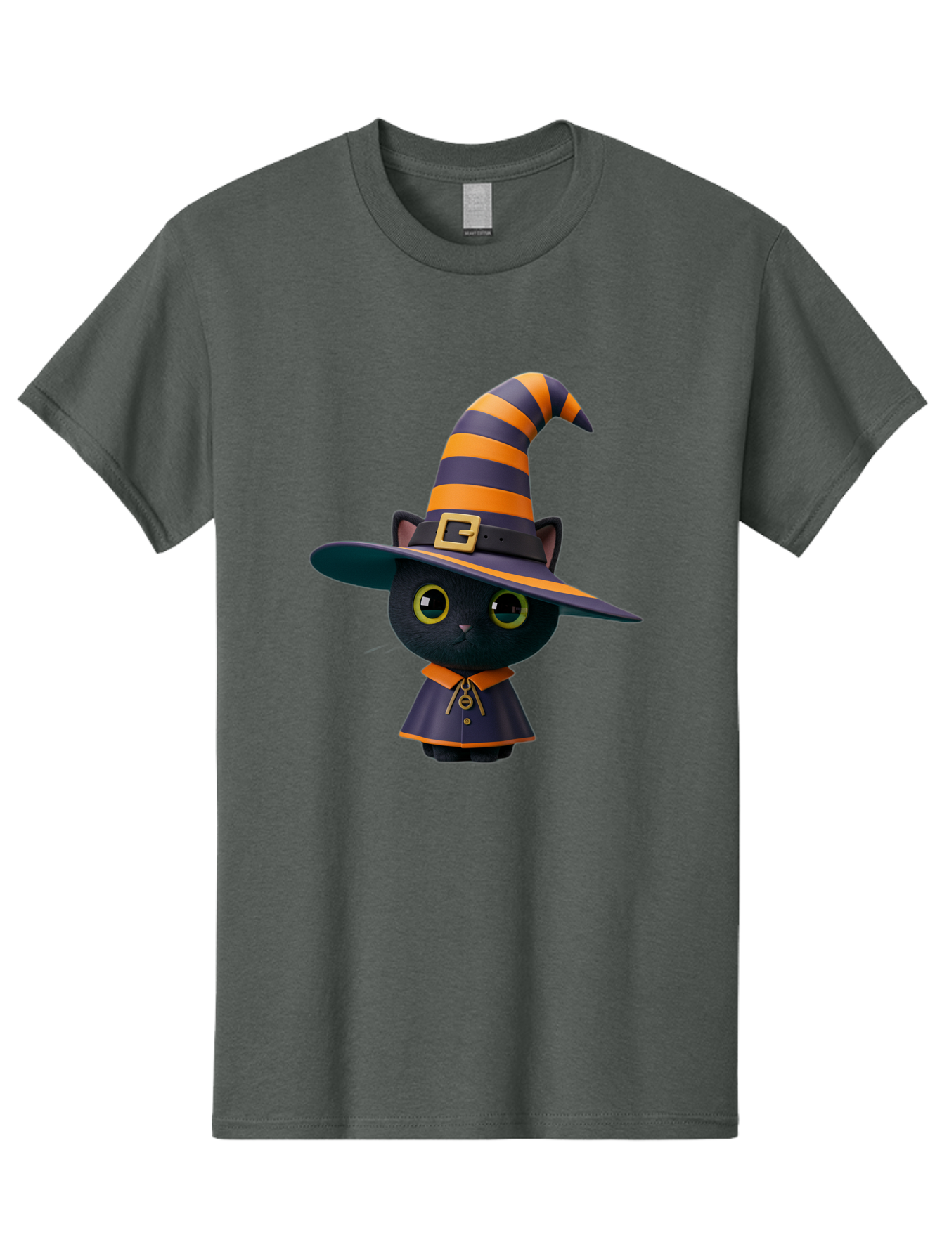 Black-Cat-In-Witch-Hat Men'S Graphic Tee, 100% Cotton, Comfortable Casual Summer Wear, Machine Washable, Black Cat, Witch Costume, Orange And Black Stripes, Cartoon Character, Halloween Theme, Spooky Kitty, Cute Animal, 3D Illustration, Bac626