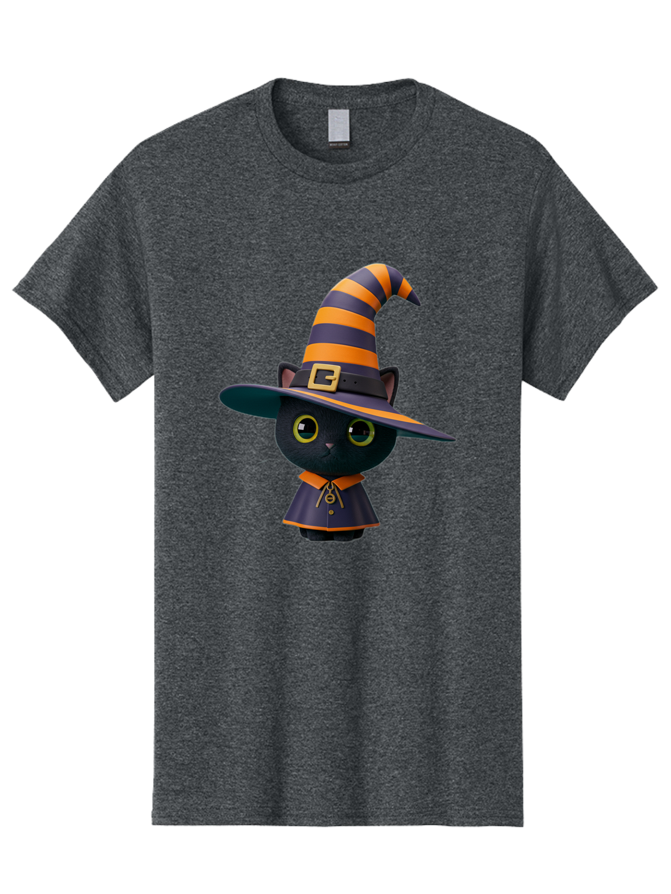 Black-Cat-In-Witch-Hat Men'S Graphic Tee, 100% Cotton, Comfortable Casual Summer Wear, Machine Washable, Black Cat, Witch Costume, Orange And Black Stripes, Cartoon Character, Halloween Theme, Spooky Kitty, Cute Animal, 3D Illustration, Bac626