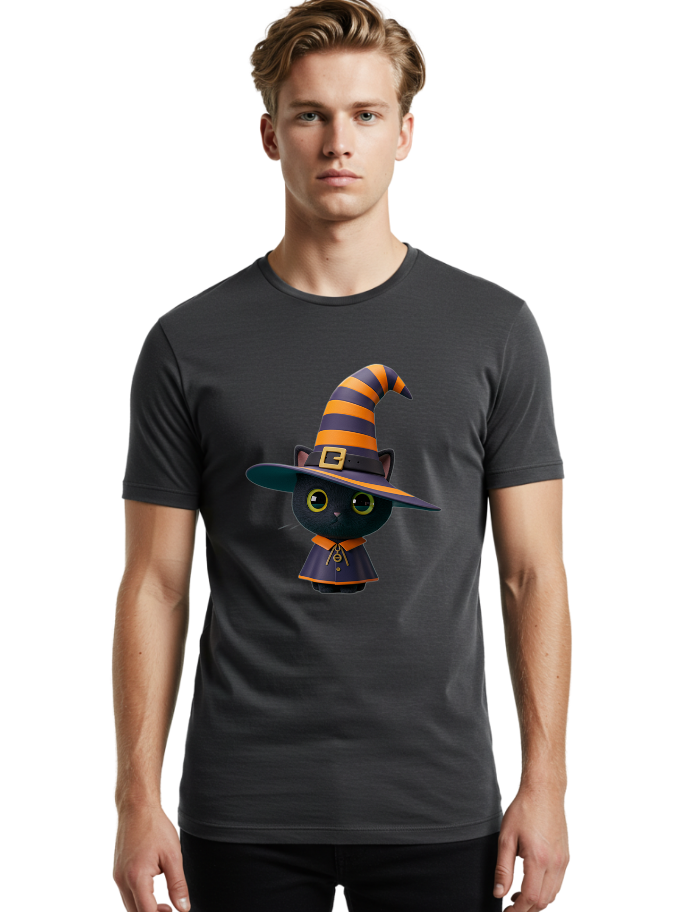 Black-Cat-In-Witch-Hat Men'S Graphic Tee, 100% Cotton, Comfortable Casual Summer Wear, Machine Washable, Black Cat, Witch Costume, Orange And Black Stripes, Cartoon Character, Halloween Theme, Spooky Kitty, Cute Animal, 3D Illustration, Bac626