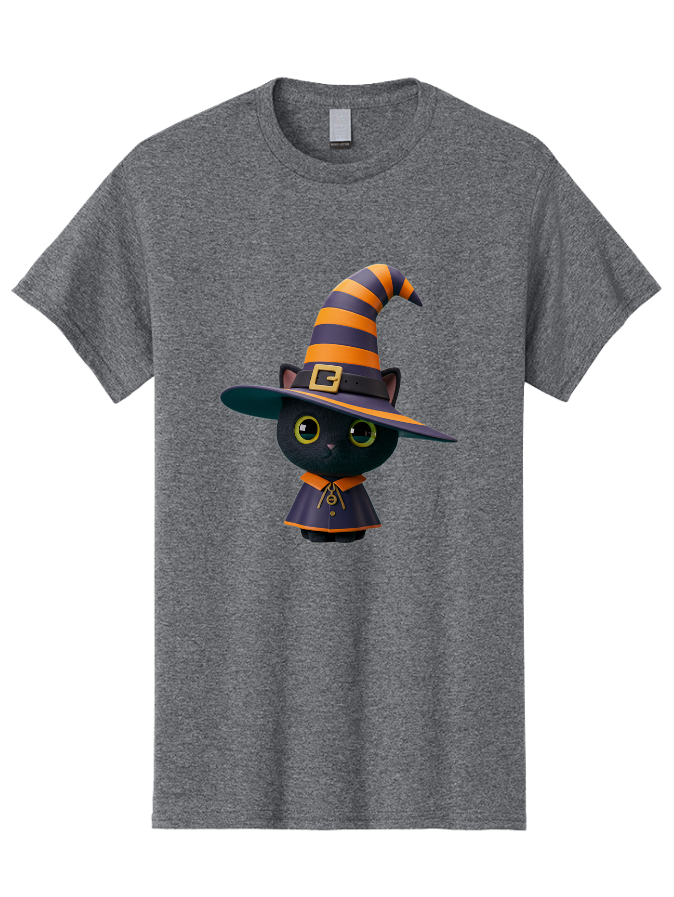 Black-Cat-In-Witch-Hat Men'S Graphic Tee, 100% Cotton, Comfortable Casual Summer Wear, Machine Washable, Black Cat, Witch Costume, Orange And Black Stripes, Cartoon Character, Halloween Theme, Spooky Kitty, Cute Animal, 3D Illustration, Bac626