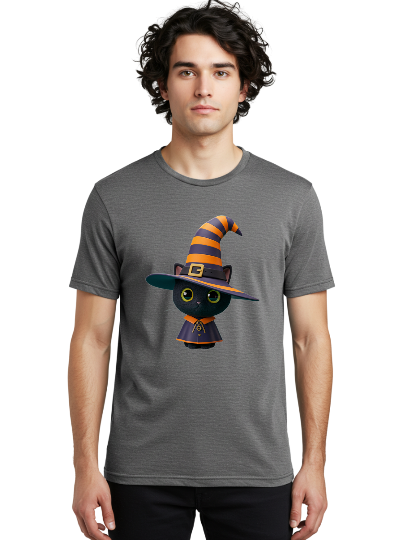 Black-Cat-In-Witch-Hat Men'S Graphic Tee, 100% Cotton, Comfortable Casual Summer Wear, Machine Washable, Black Cat, Witch Costume, Orange And Black Stripes, Cartoon Character, Halloween Theme, Spooky Kitty, Cute Animal, 3D Illustration, Bac626