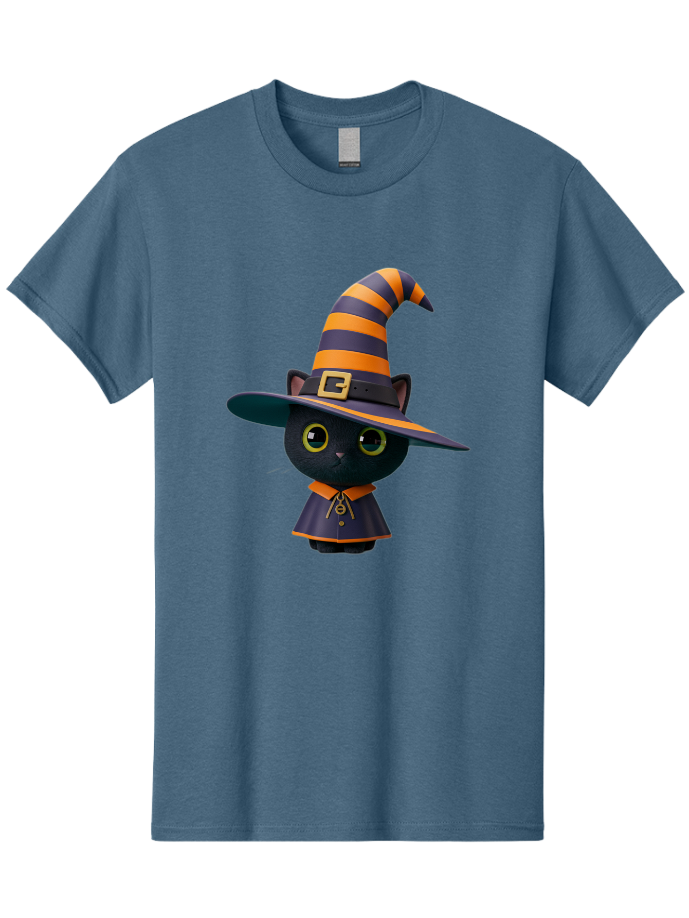 Black-Cat-In-Witch-Hat Men'S Graphic Tee, 100% Cotton, Comfortable Casual Summer Wear, Machine Washable, Black Cat, Witch Costume, Orange And Black Stripes, Cartoon Character, Halloween Theme, Spooky Kitty, Cute Animal, 3D Illustration, Bac626
