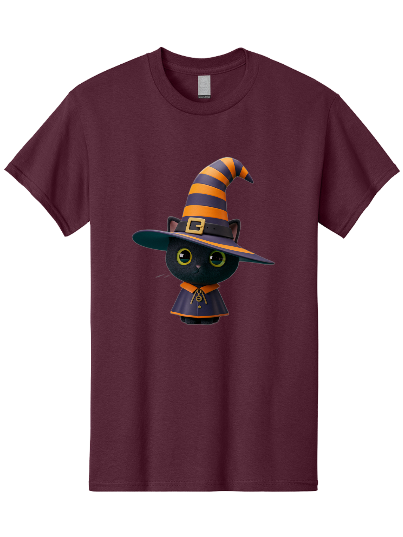 Black-Cat-In-Witch-Hat Men'S Graphic Tee, 100% Cotton, Comfortable Casual Summer Wear, Machine Washable, Black Cat, Witch Costume, Orange And Black Stripes, Cartoon Character, Halloween Theme, Spooky Kitty, Cute Animal, 3D Illustration, Bac626