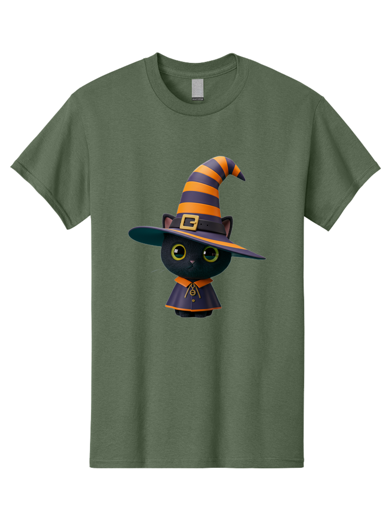 Black-Cat-In-Witch-Hat Men'S Graphic Tee, 100% Cotton, Comfortable Casual Summer Wear, Machine Washable, Black Cat, Witch Costume, Orange And Black Stripes, Cartoon Character, Halloween Theme, Spooky Kitty, Cute Animal, 3D Illustration, Bac626