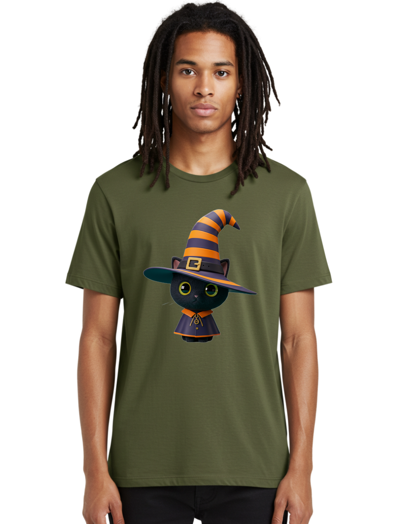 Black-Cat-In-Witch-Hat Men'S Graphic Tee, 100% Cotton, Comfortable Casual Summer Wear, Machine Washable, Black Cat, Witch Costume, Orange And Black Stripes, Cartoon Character, Halloween Theme, Spooky Kitty, Cute Animal, 3D Illustration, Bac626