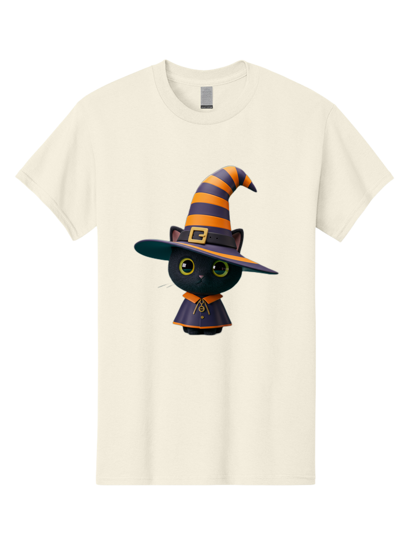 Black-Cat-In-Witch-Hat Men'S Graphic Tee, 100% Cotton, Comfortable Casual Summer Wear, Machine Washable, Black Cat, Witch Costume, Orange And Black Stripes, Cartoon Character, Halloween Theme, Spooky Kitty, Cute Animal, 3D Illustration, Bac626