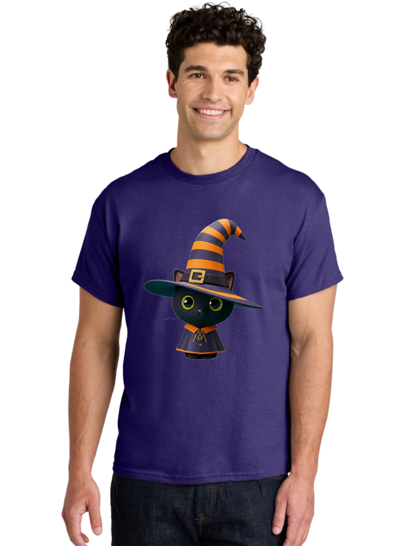 Black-Cat-In-Witch-Hat Men'S Graphic Tee, 100% Cotton, Comfortable Casual Summer Wear, Machine Washable, Black Cat, Witch Costume, Orange And Black Stripes, Cartoon Character, Halloween Theme, Spooky Kitty, Cute Animal, 3D Illustration, Bac626