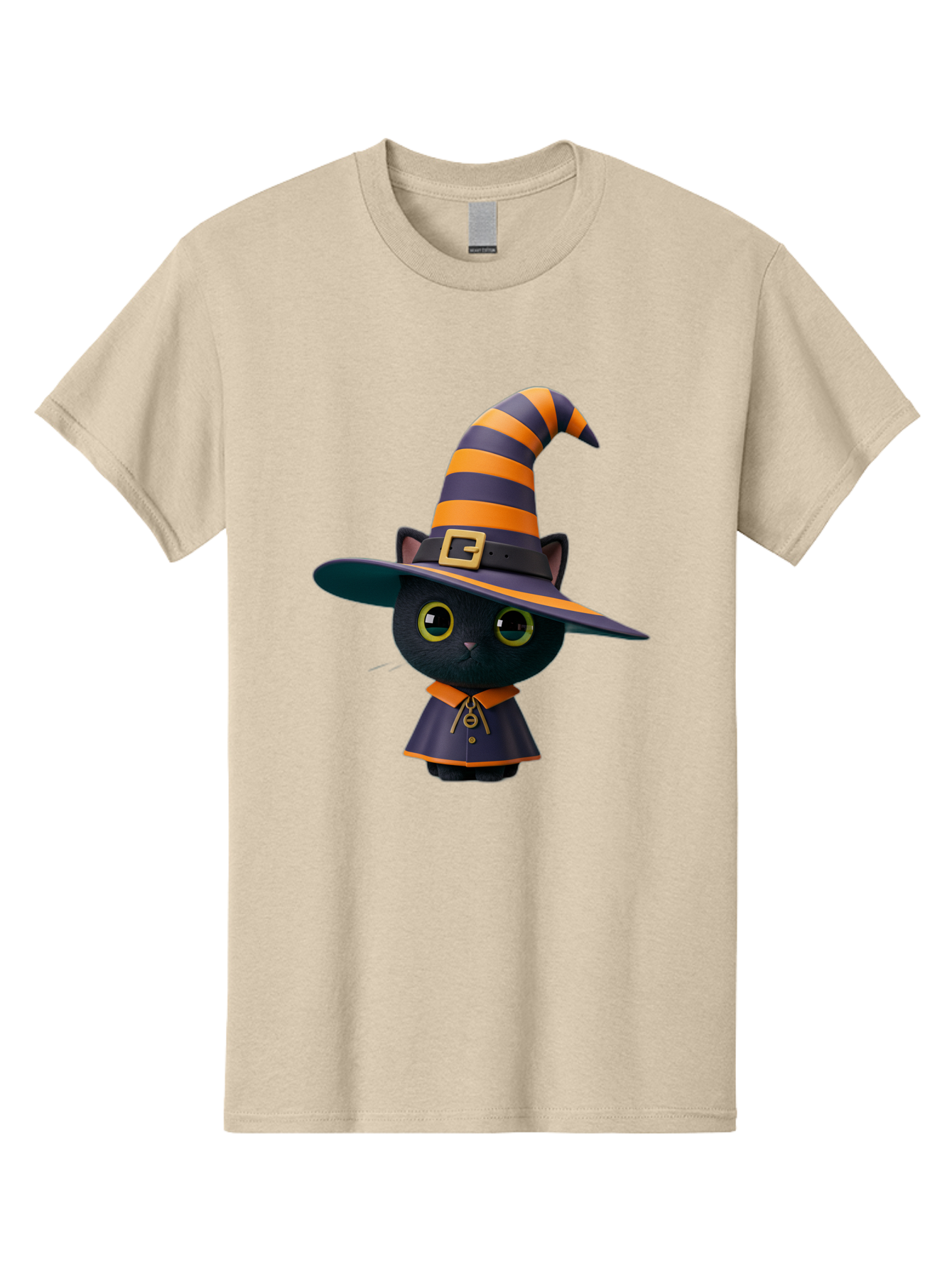 Black-Cat-In-Witch-Hat Men'S Graphic Tee, 100% Cotton, Comfortable Casual Summer Wear, Machine Washable, Black Cat, Witch Costume, Orange And Black Stripes, Cartoon Character, Halloween Theme, Spooky Kitty, Cute Animal, 3D Illustration, Bac626