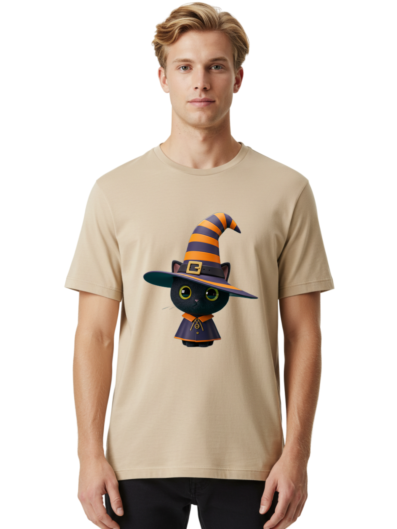 Black-Cat-In-Witch-Hat Men'S Graphic Tee, 100% Cotton, Comfortable Casual Summer Wear, Machine Washable, Black Cat, Witch Costume, Orange And Black Stripes, Cartoon Character, Halloween Theme, Spooky Kitty, Cute Animal, 3D Illustration, Bac626