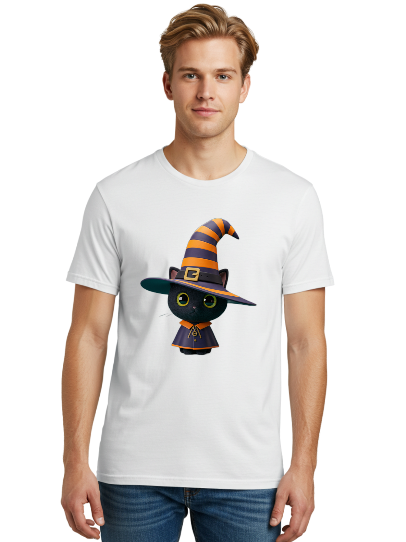 Black-Cat-In-Witch-Hat Men'S Graphic Tee, 100% Cotton, Comfortable Casual Summer Wear, Machine Washable, Black Cat, Witch Costume, Orange And Black Stripes, Cartoon Character, Halloween Theme, Spooky Kitty, Cute Animal, 3D Illustration, Bac626